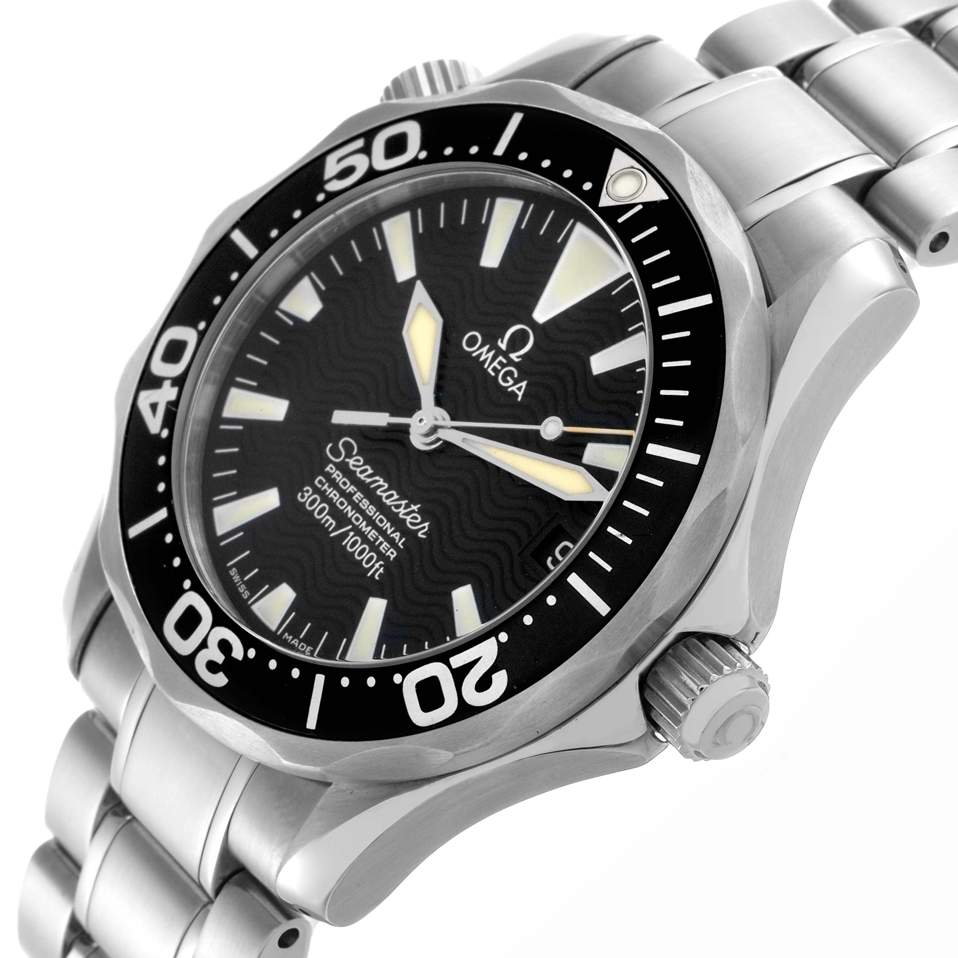 The Omega Seamaster 2252.50.00 Men
s Stainless Steel Black Dial 2252.50.00 Men
s Stainless Steel Black Dial watch is shown from a three-quarter angle highlighting the bezel, dial, crown, and bracelet.