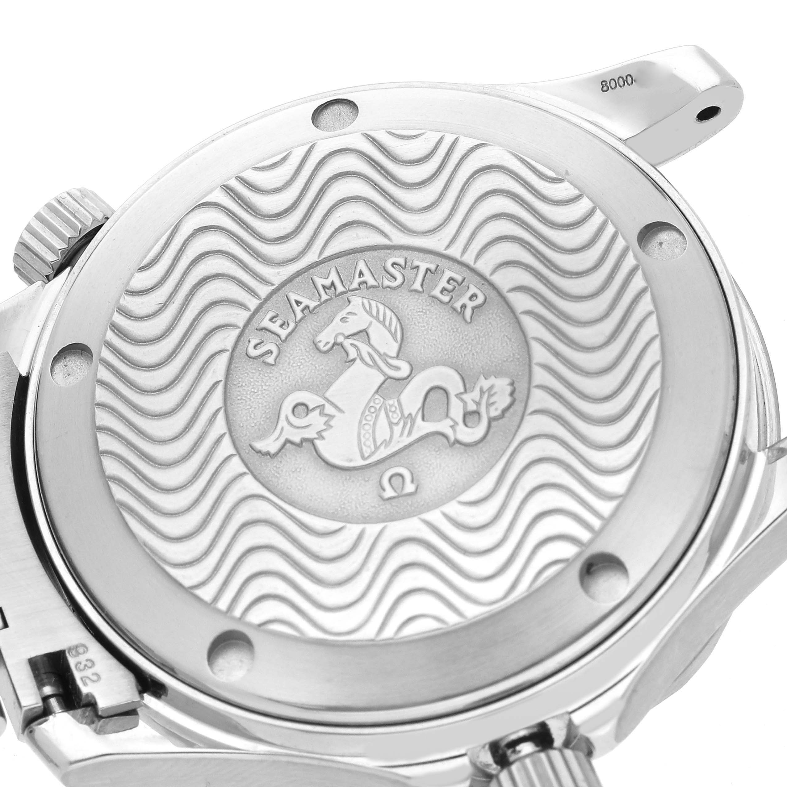 The image shows the case back of an Omega Seamaster 2252.50.00 Men
s Stainless Steel Black Dial 2252.50.00 Men
s Stainless Steel Black Dial watch, featuring its wavy design and embossed logo.