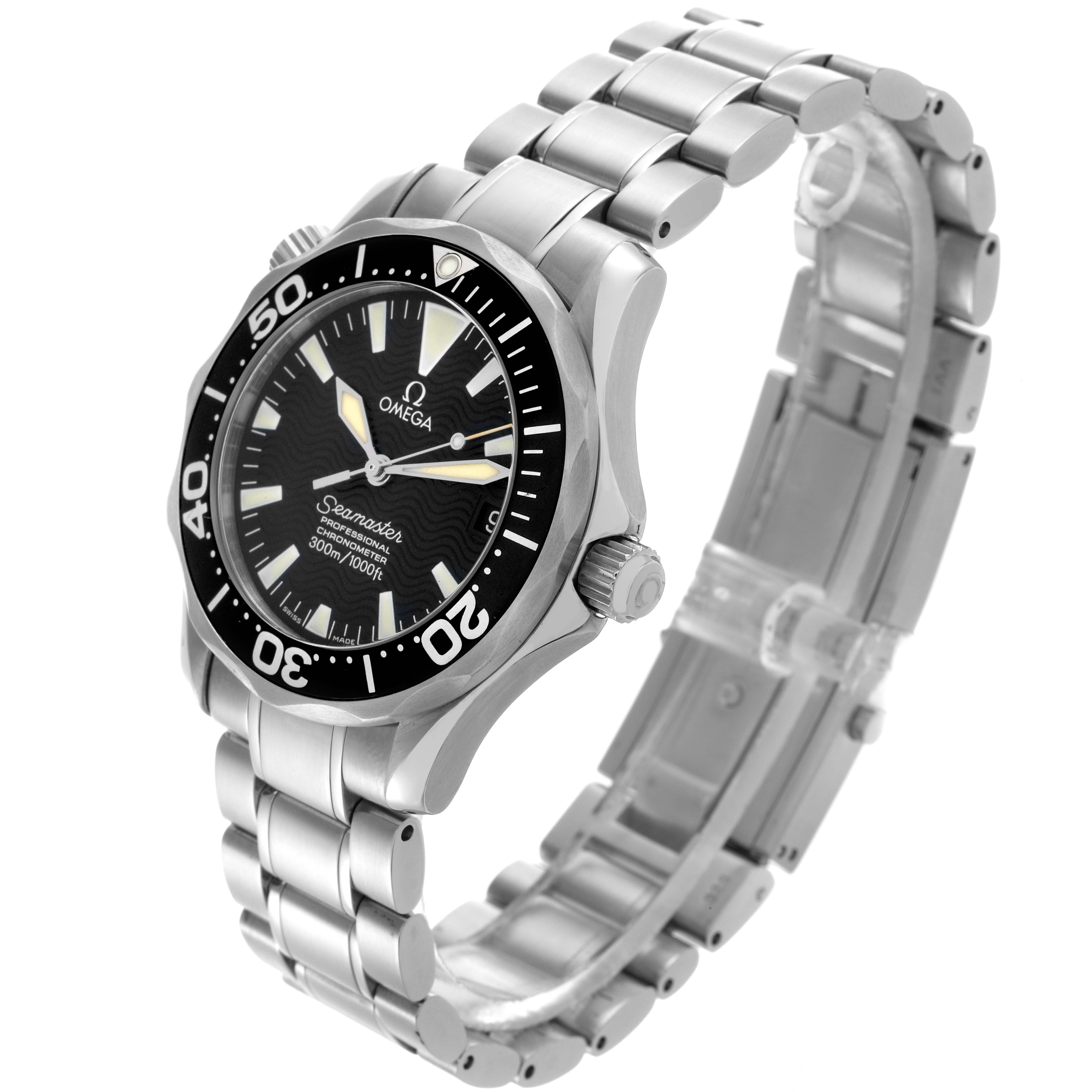 The Omega Seamaster 2252.50.00 Men
s Stainless Steel Black Dial 2252.50.00 Men
s Stainless Steel Black Dial watch is shown at a three-quarter angle, displaying the face, bezel, crown, and bracelet links.