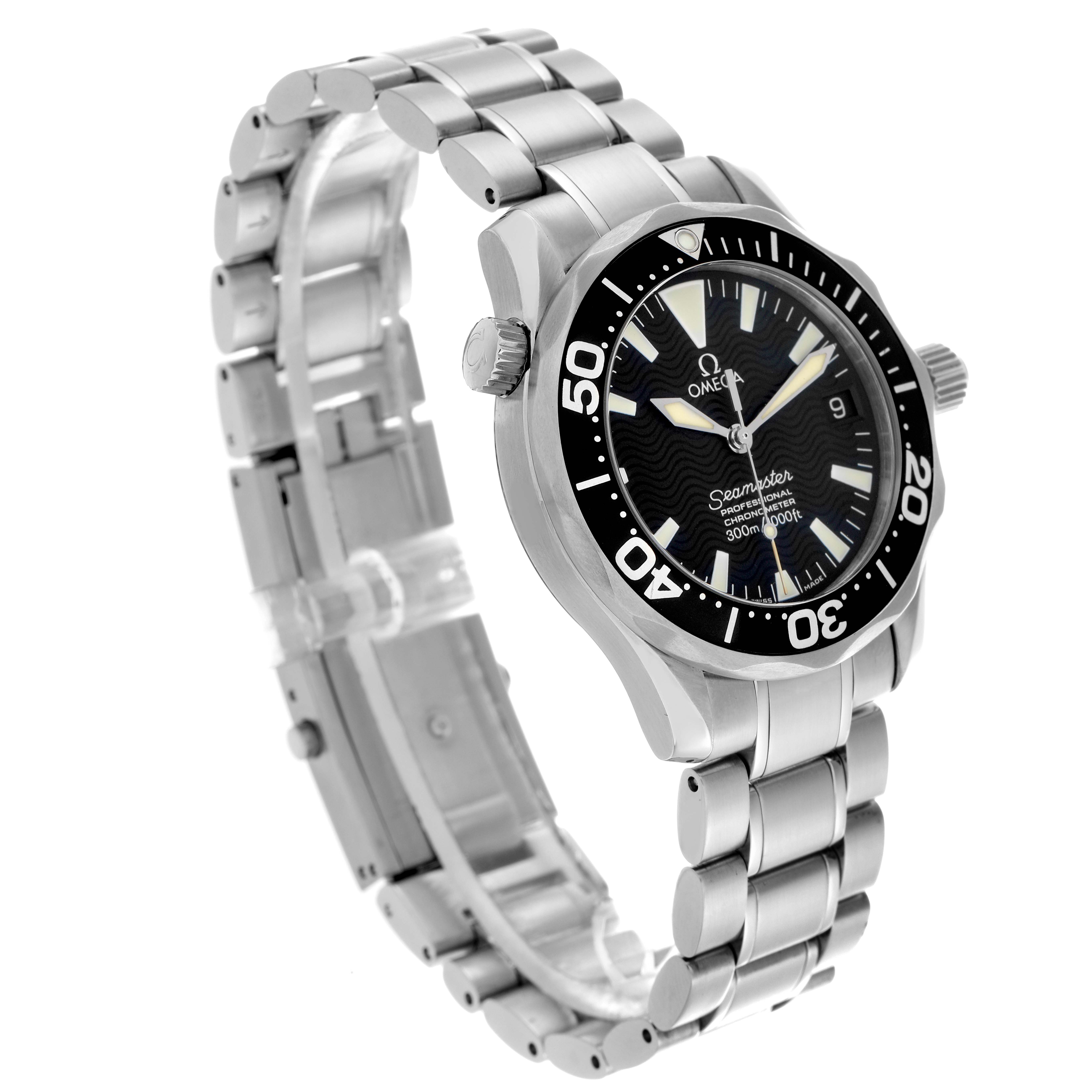 The Omega Seamaster 2252.50.00 Men
s Stainless Steel Black Dial 2252.50.00 Men
s Stainless Steel Black Dial watch is shown at a three-quarter angle, highlighting the bezel, bracelet, and dial.