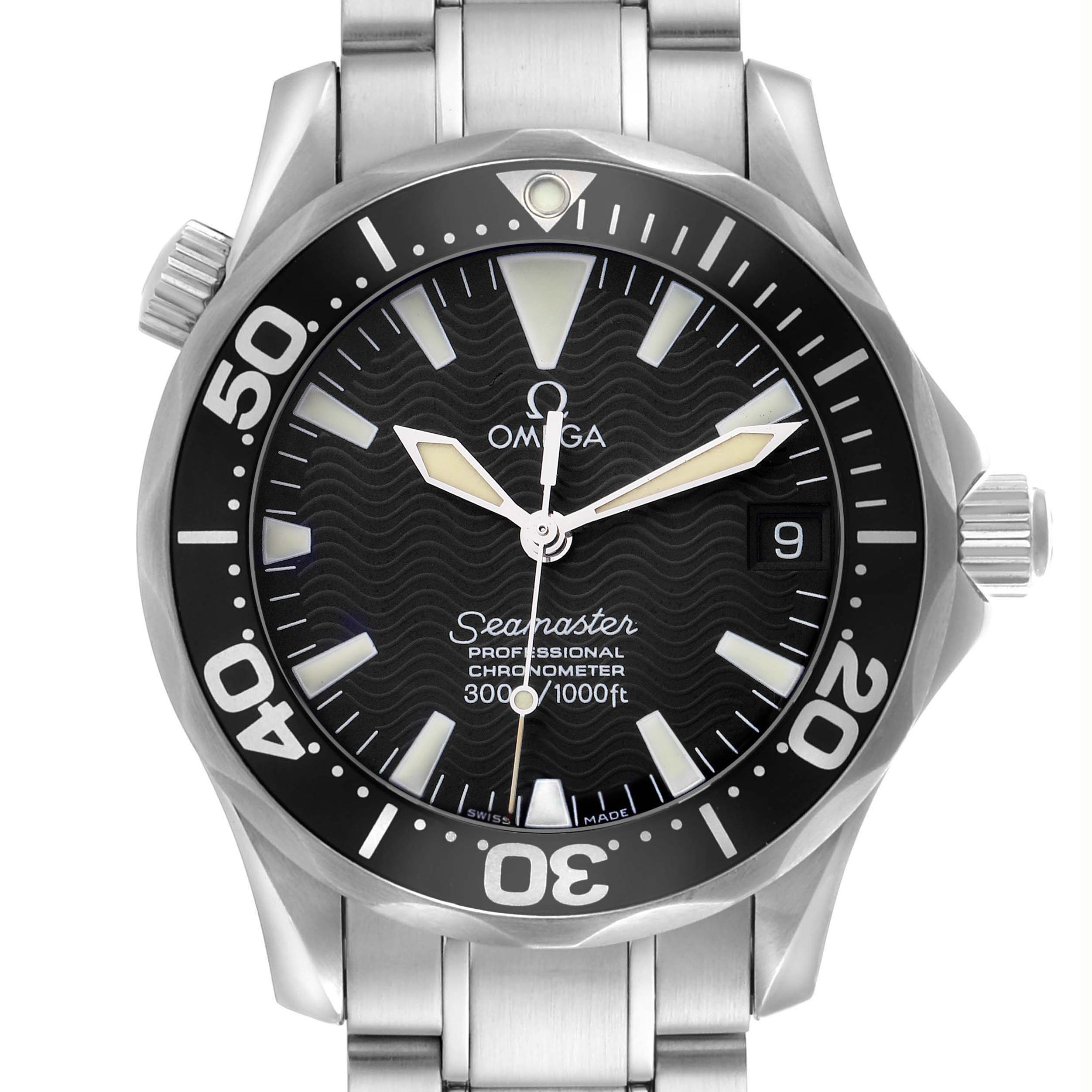 The Omega Seamaster 2252.50.00 Men
s Stainless Steel Black Dial 2252.50.00 Men
s Stainless Steel Black Dial watch is shown from the front, highlighting the face, bezel, and part of the bracelet.