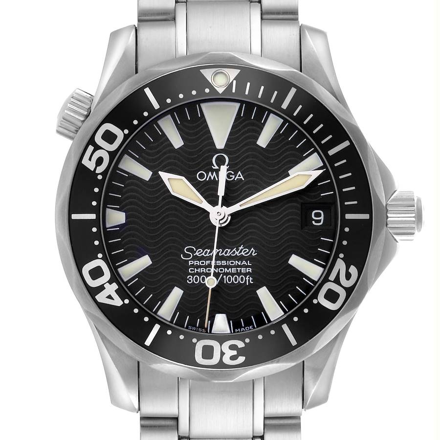 The Omega Seamaster watch is shown from the front, highlighting the face, bezel, and part of the bracelet.