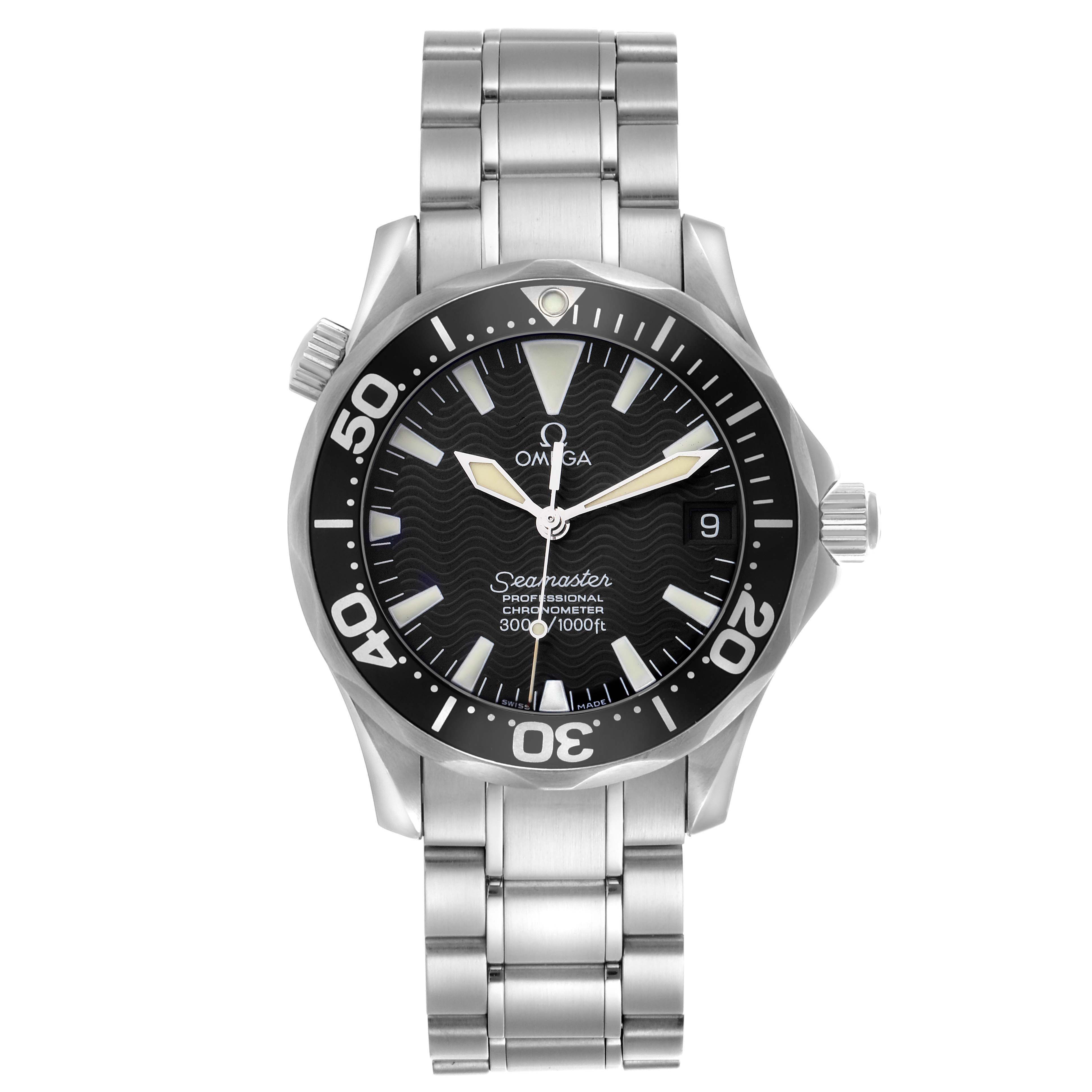 The Omega Seamaster 2252.50.00 Men
s Stainless Steel Black Dial 2252.50.00 Men
s Stainless Steel Black Dial watch is shown from a front angle, displaying the face, bezel, hands, and metal bracelet.