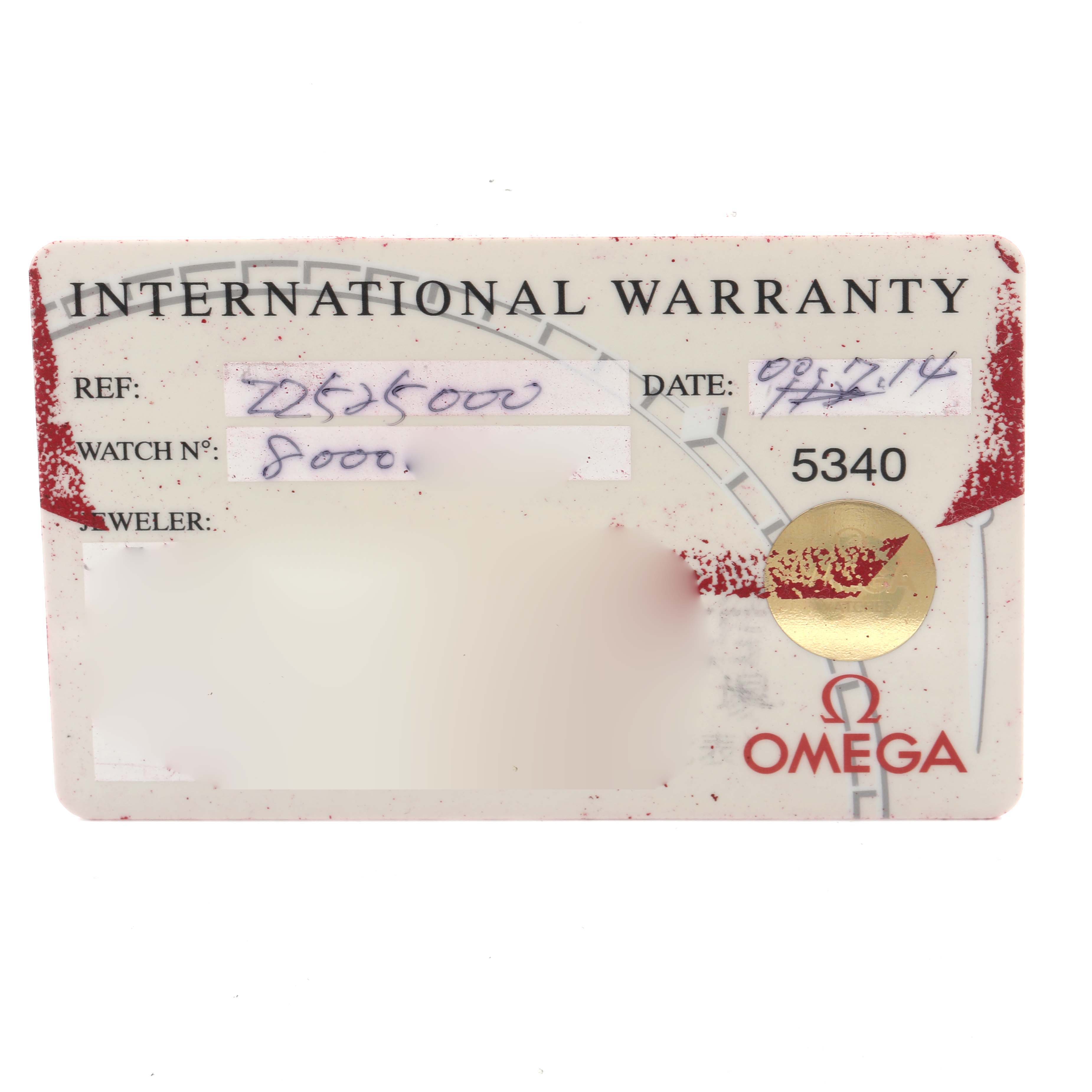 The image shows the international warranty card for an Omega Seamaster 2252.50.00 Men
s Stainless Steel Black Dial 2252.50.00 Men
s Stainless Steel Black Dial watch.
