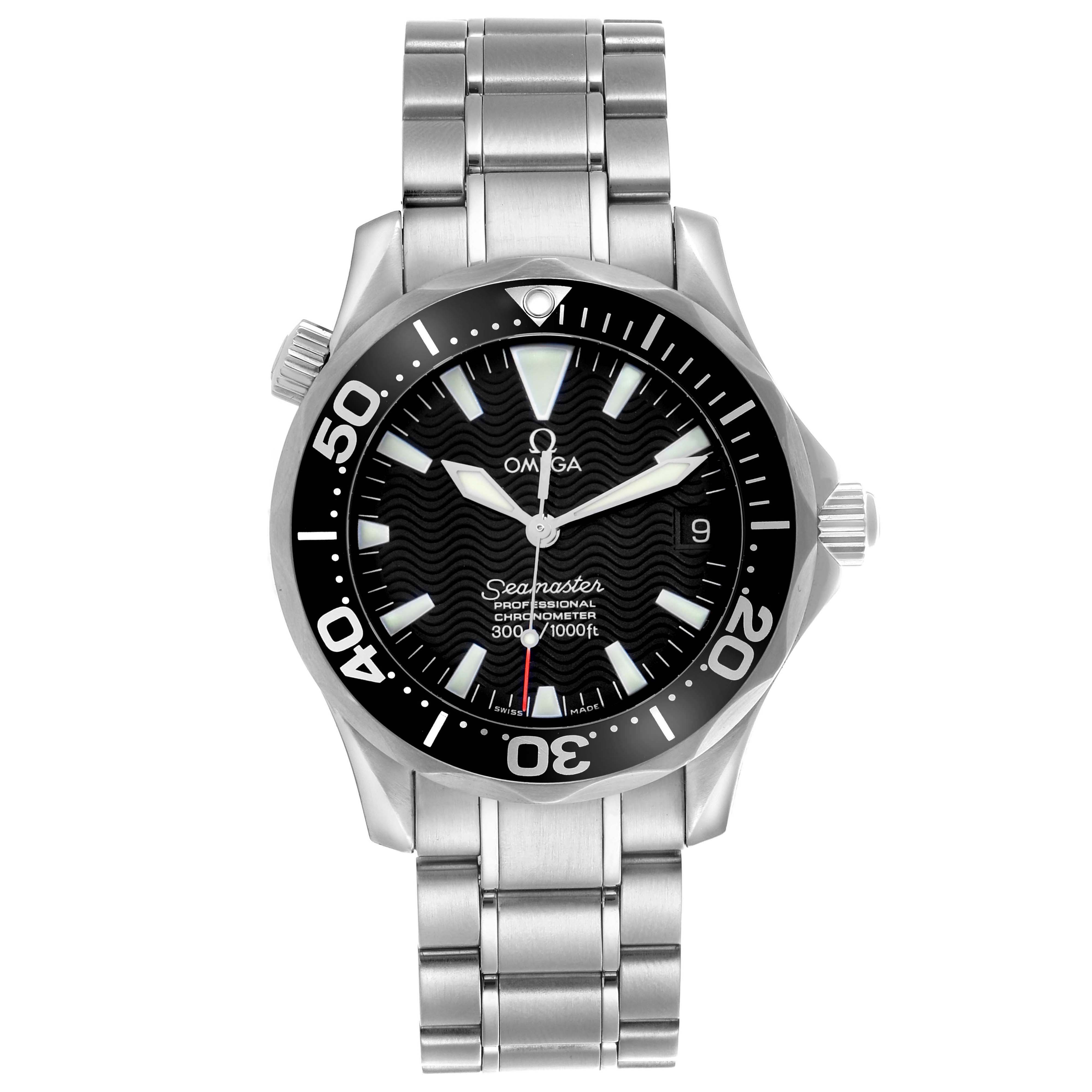 The Omega Seamaster 2252.50.00 Men
s Stainless Steel Black Dial 2252.50.00 Men
s Stainless Steel Black Dial watch is shown from a front angle, displaying the face, bezel, crown, and metal bracelet.