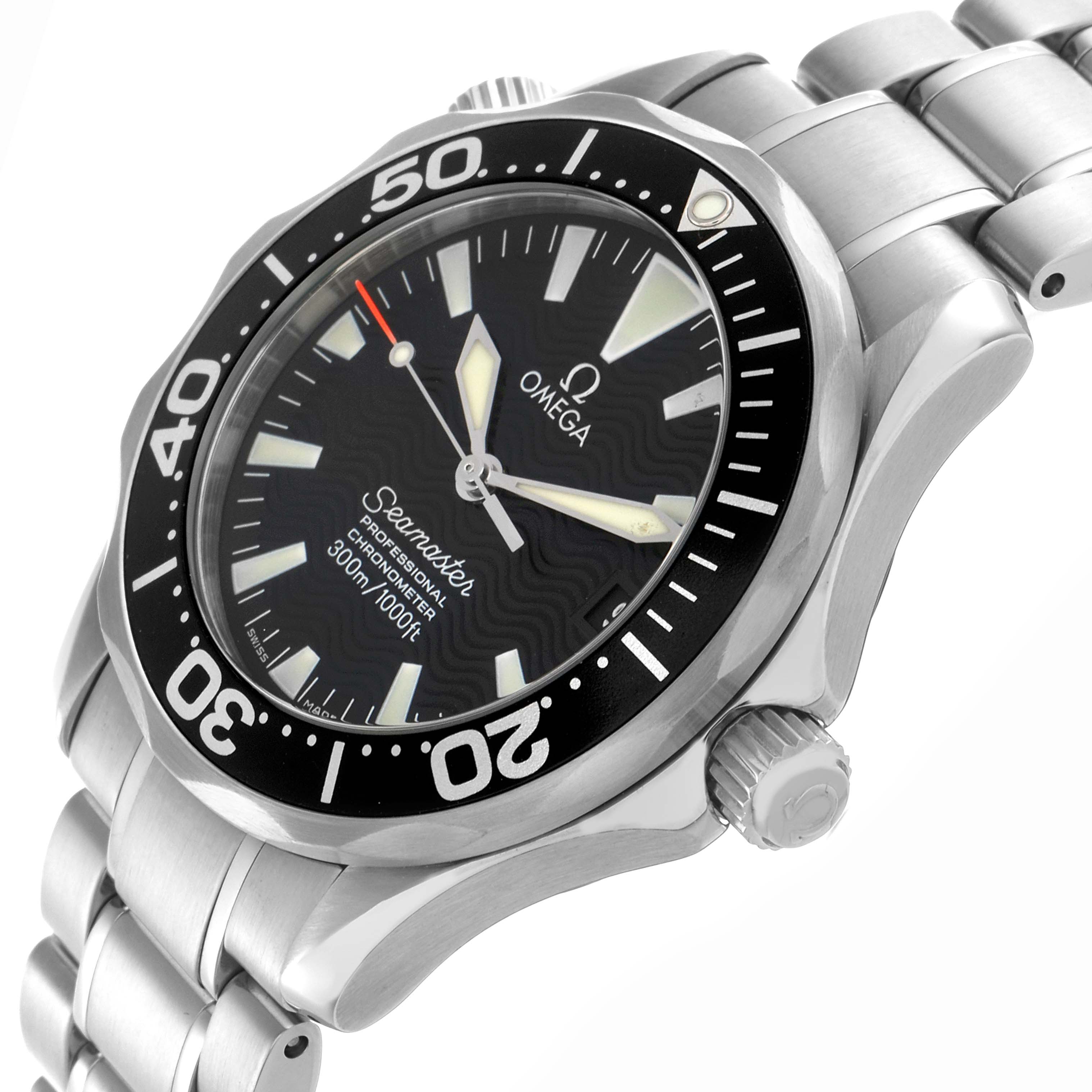 The Omega Seamaster 2252.50.00 Men
s Stainless Steel Black Dial 2252.50.00 Men
s Stainless Steel Black Dial watch is shown at an angle highlighting the bezel, dial, hands, crown, and part of the bracelet.