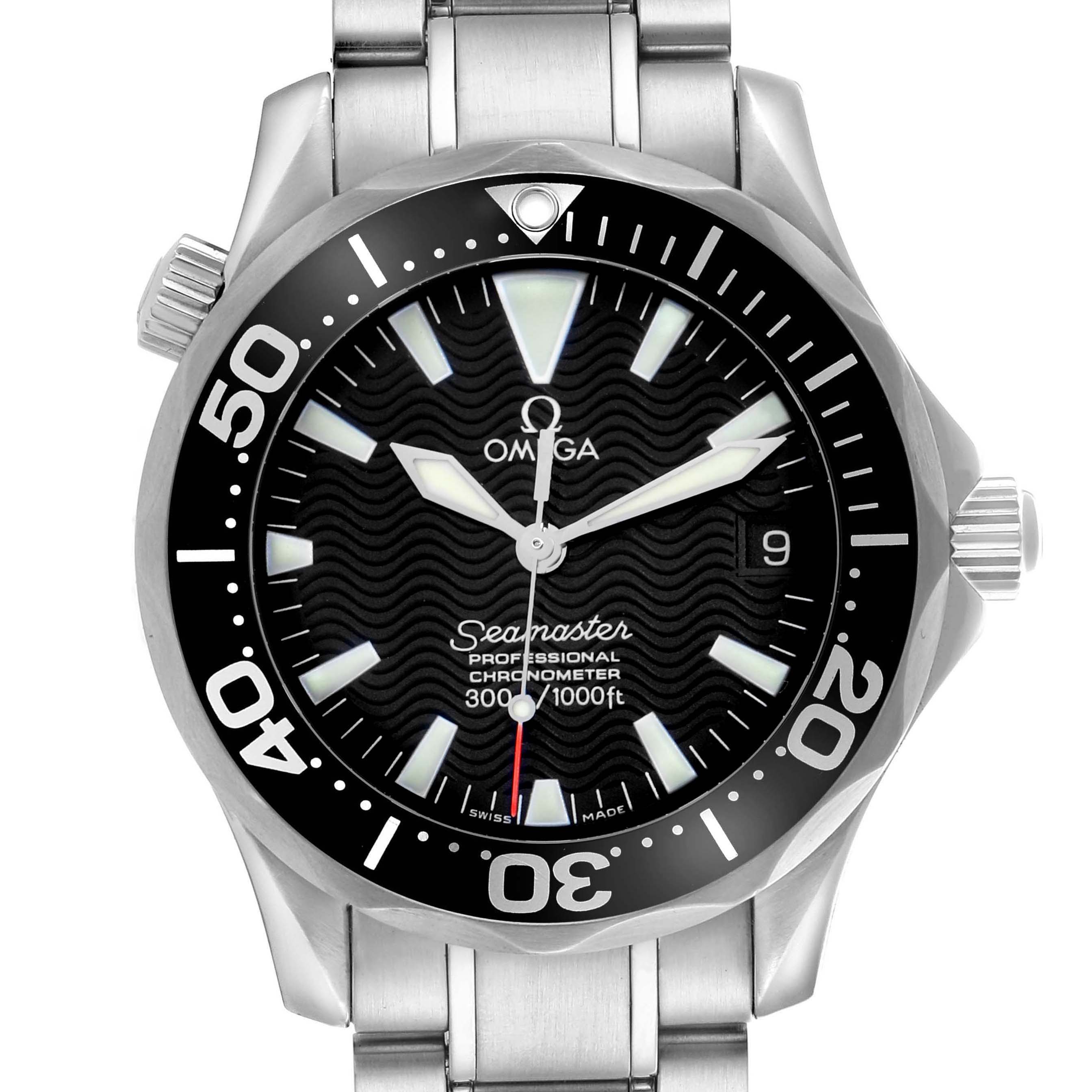 The Omega Seamaster 2252.50.00 Men
s Stainless Steel Black Dial 2252.50.00 Men
s Stainless Steel Black Dial watch is shown from the front, featuring its dial, bezel, crown, and part of the bracelet.