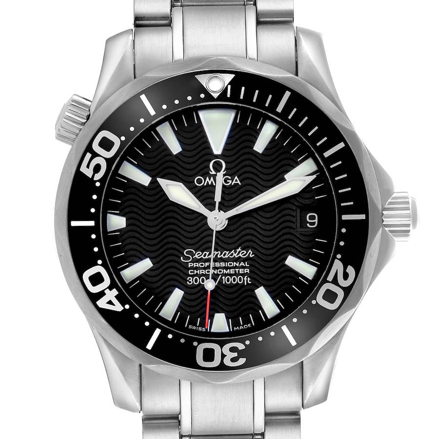 The Omega Seamaster watch is shown from the front, featuring its dial, bezel, crown, and part of the bracelet.