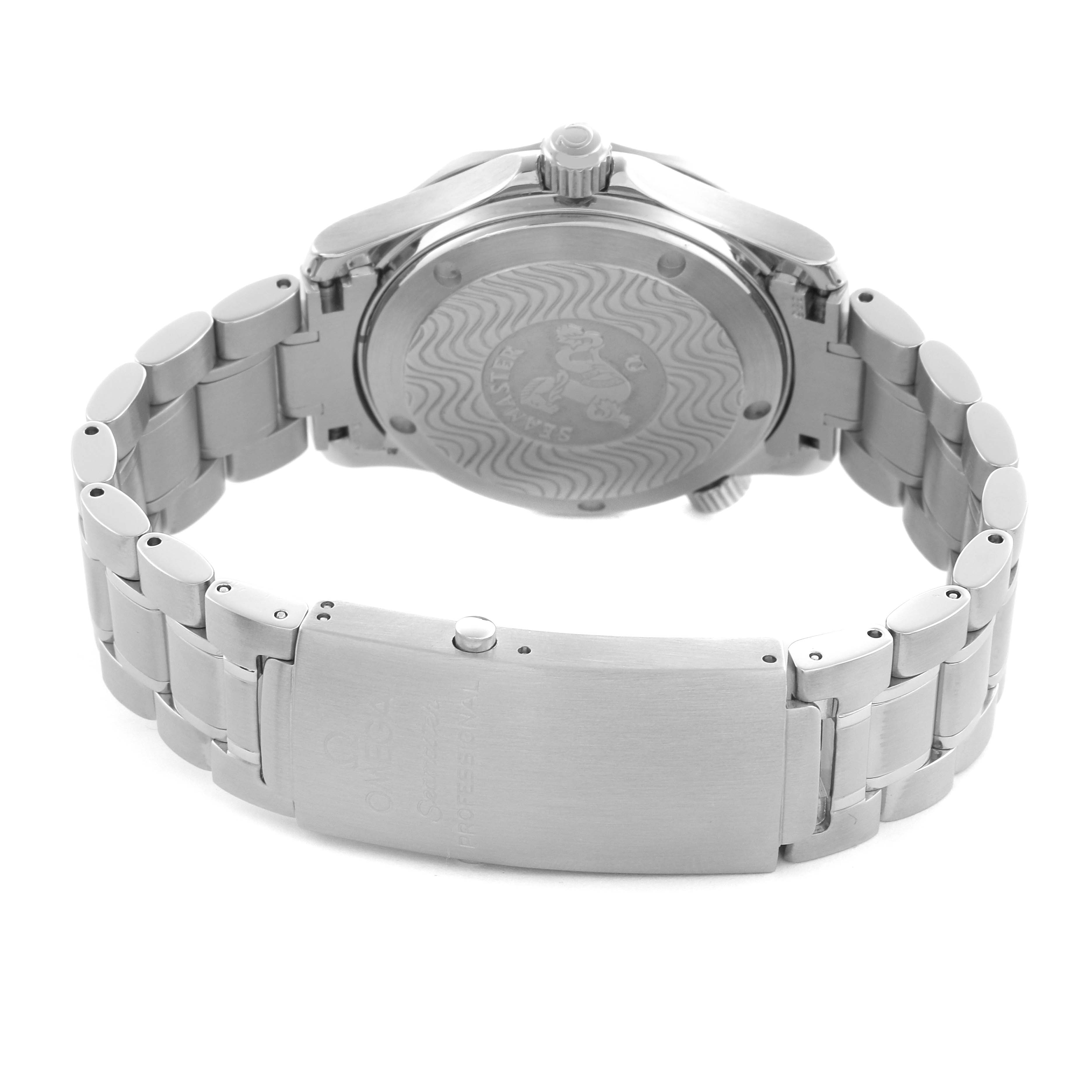 The Omega Seamaster 2252.50.00 Men
s Stainless Steel Black Dial 2252.50.00 Men
s Stainless Steel Black Dial watch is shown from the back, highlighting the bracelet, clasp, and case back.