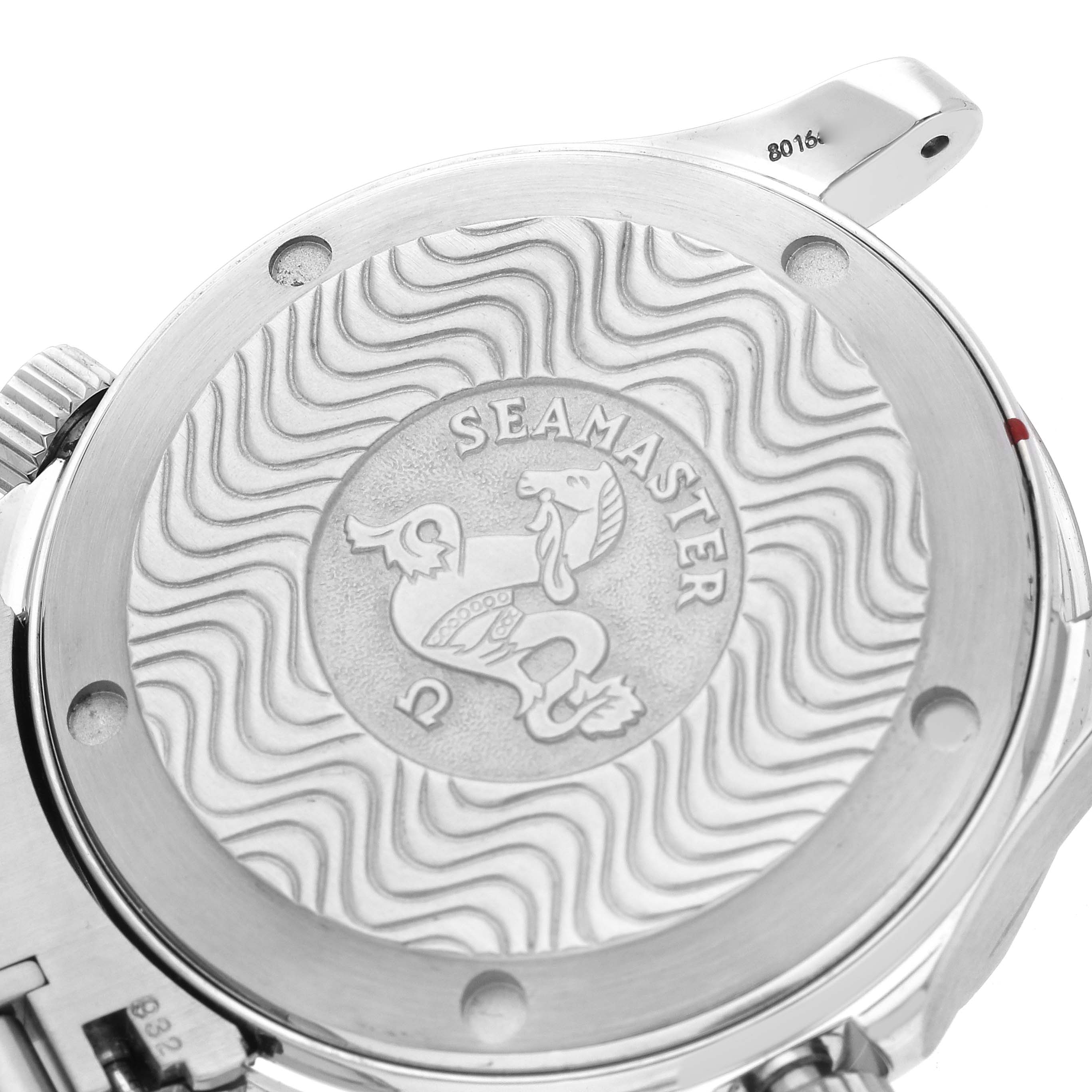 The image shows the back case of an Omega Seamaster 2252.50.00 Men
s Stainless Steel Black Dial 2252.50.00 Men
s Stainless Steel Black Dial watch with its engraved logo.