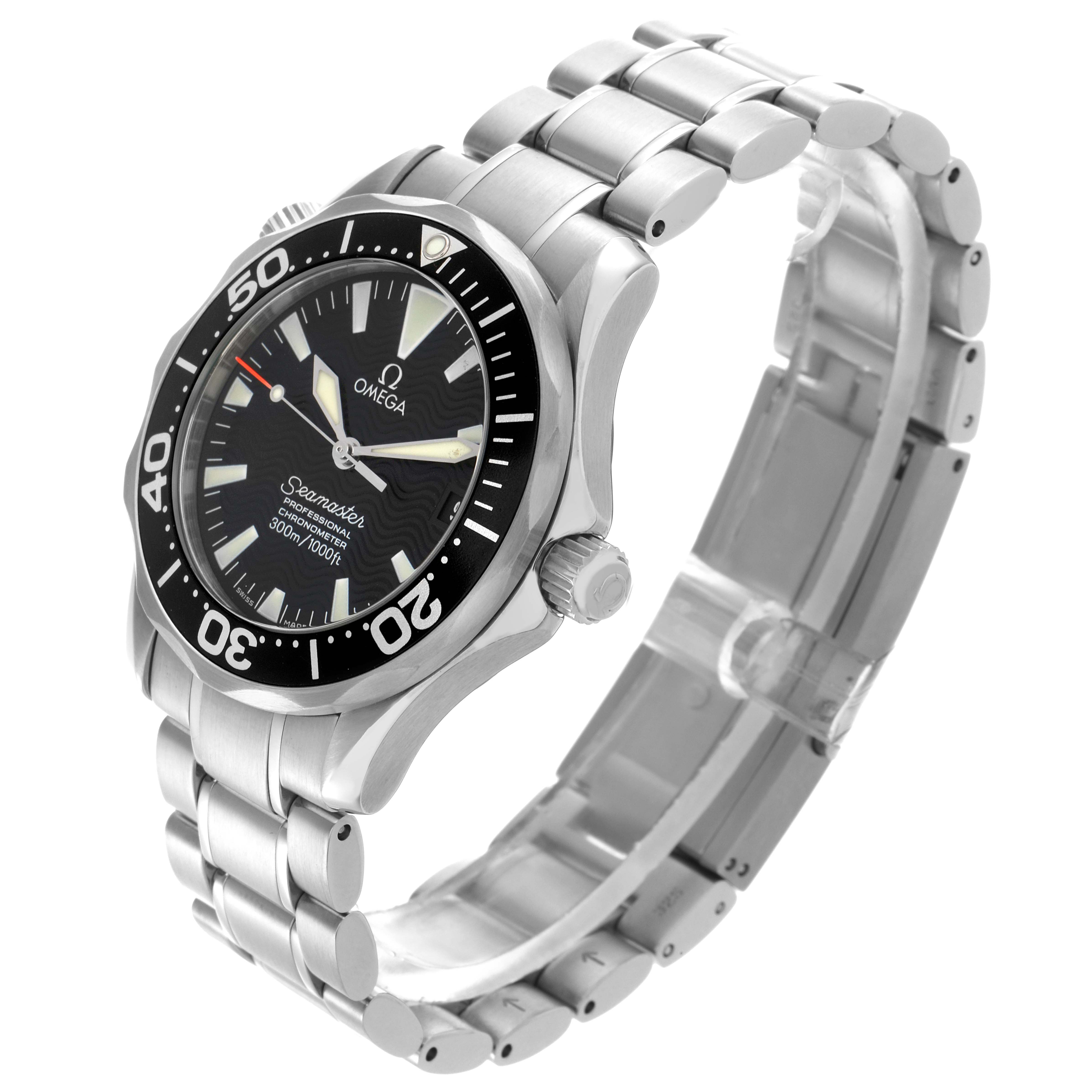The Omega Seamaster 2252.50.00 Men
s Stainless Steel Black Dial 2252.50.00 Men
s Stainless Steel Black Dial watch is shown at a three-quarter angle, displaying the bezel, dial, bracelet, and crown.