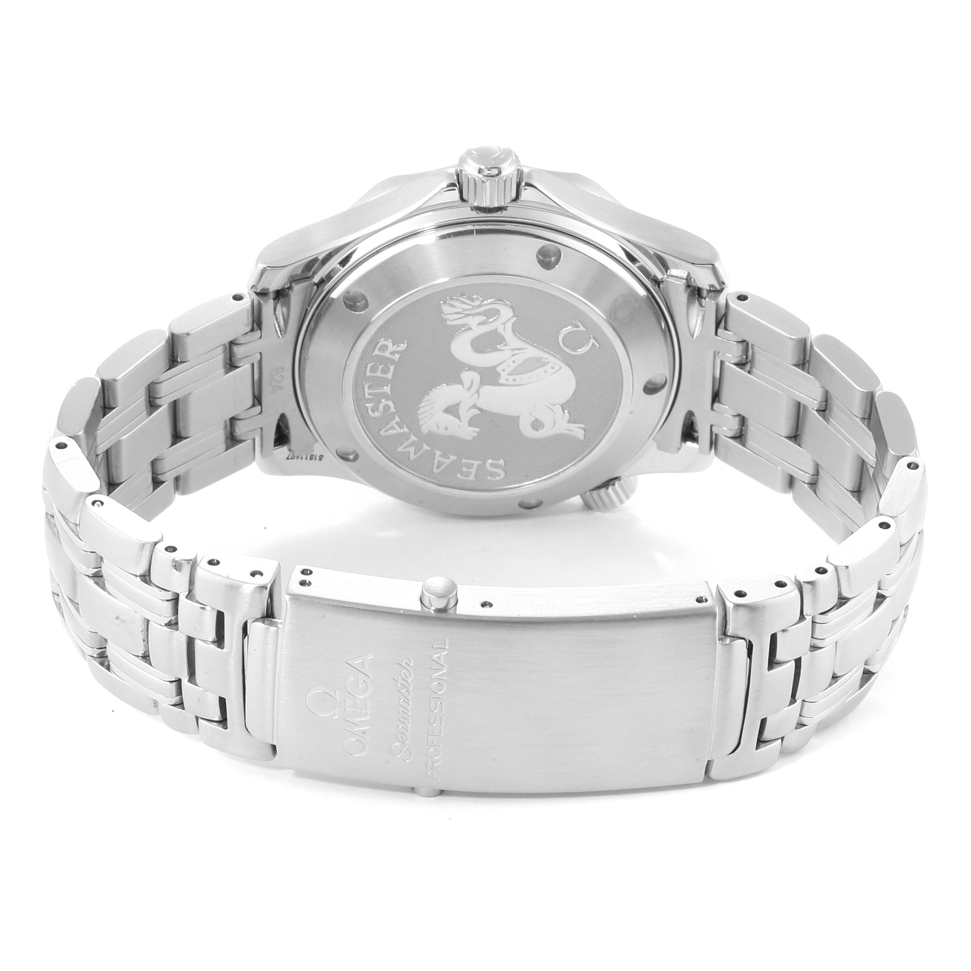 The image shows the back view of an Omega Seamaster 2222.80.00  Men
s Stainless Steel Blue Dial 2222.80.00  Men
s Stainless Steel Blue Dial watch, highlighting the case back and the clasp with engraved branding.