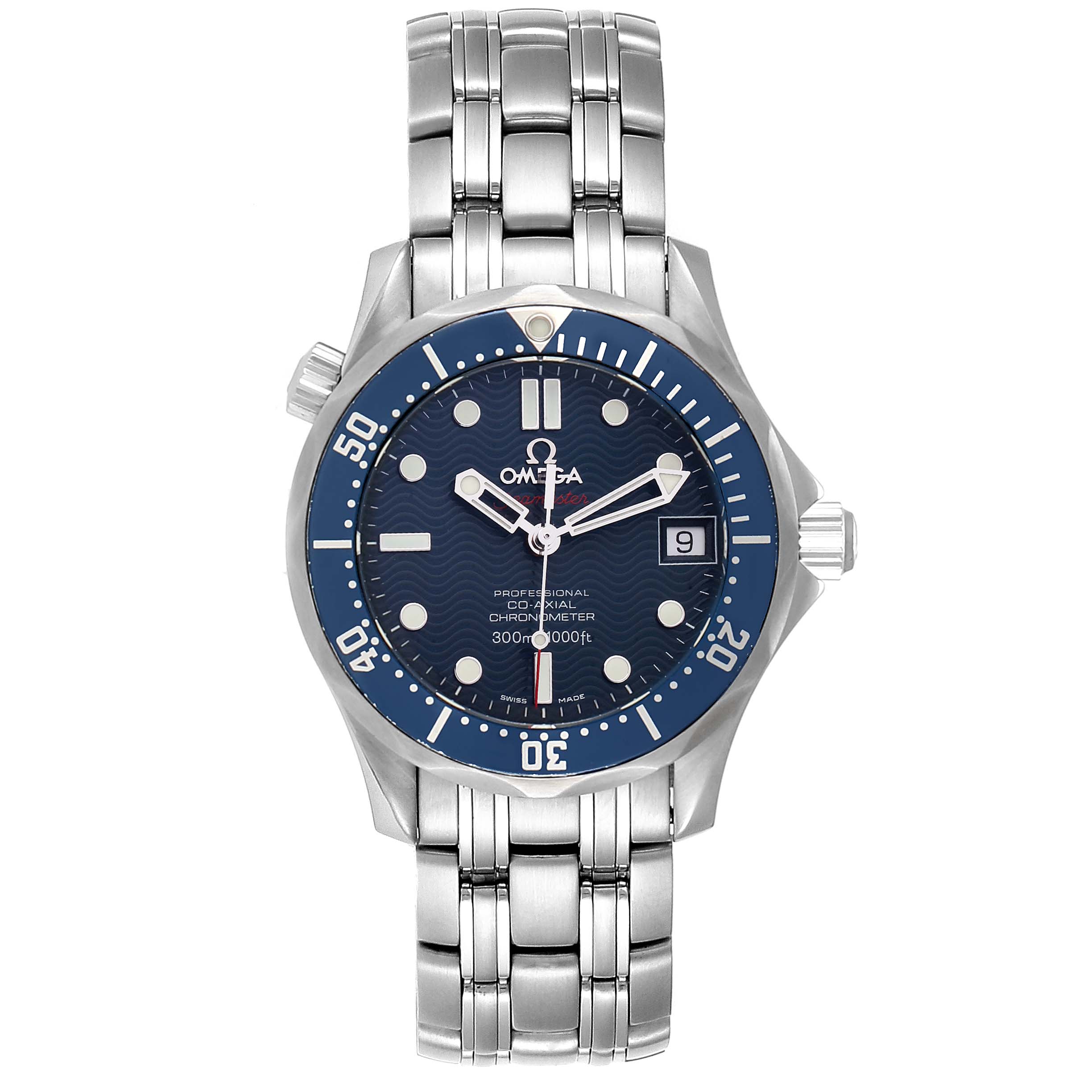 This image shows a front view of the Omega Seamaster 2222.80.00  Men
s Stainless Steel Blue Dial 2222.80.00  Men
s Stainless Steel Blue Dial watch, highlighting its blue dial, date window, and stainless steel bracelet.