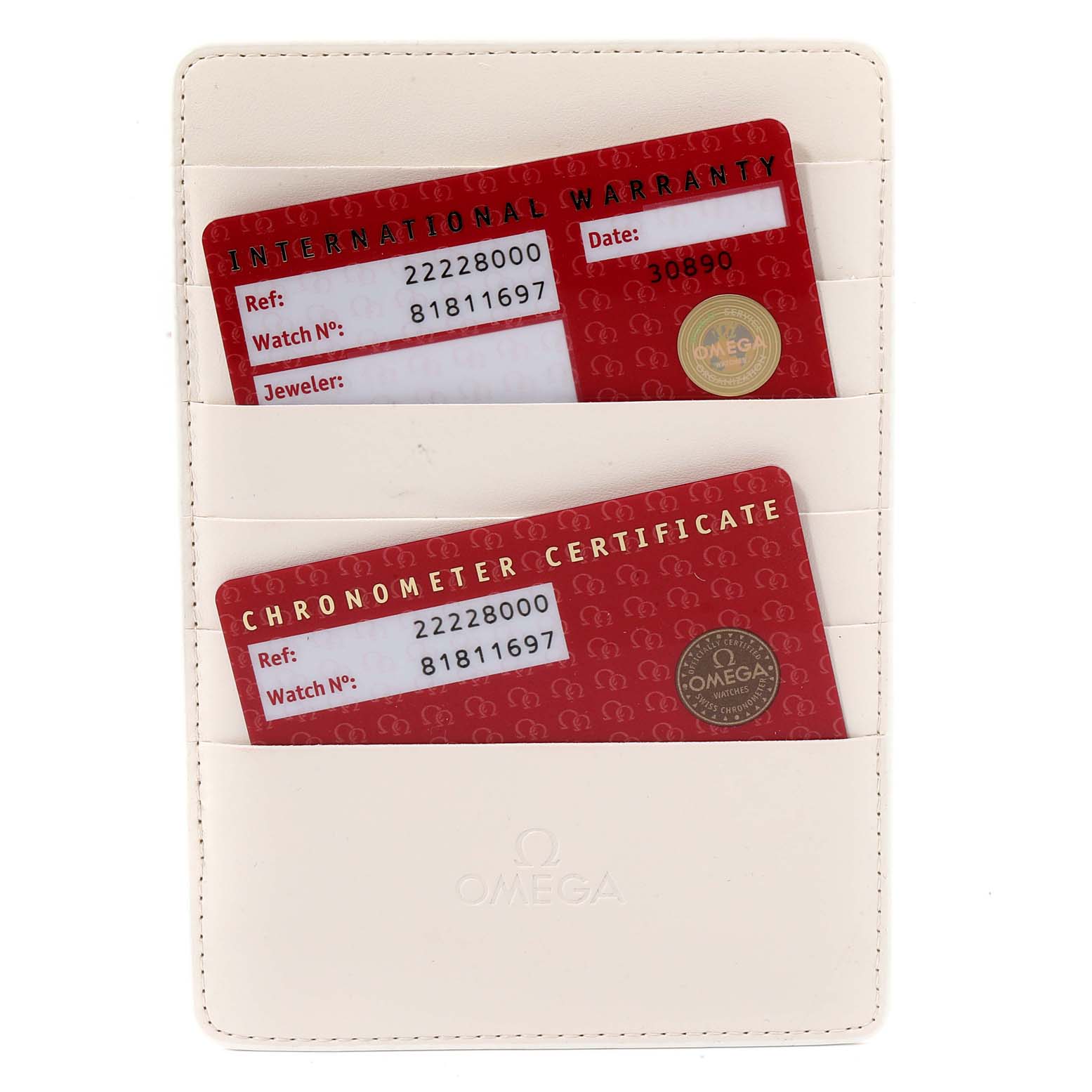 The image shows an international warranty card and a chronometer certificate for an Omega Seamaster 2222.80.00  Men
s Stainless Steel Blue Dial 2222.80.00  Men
s Stainless Steel Blue Dial watch in a white cardholder.