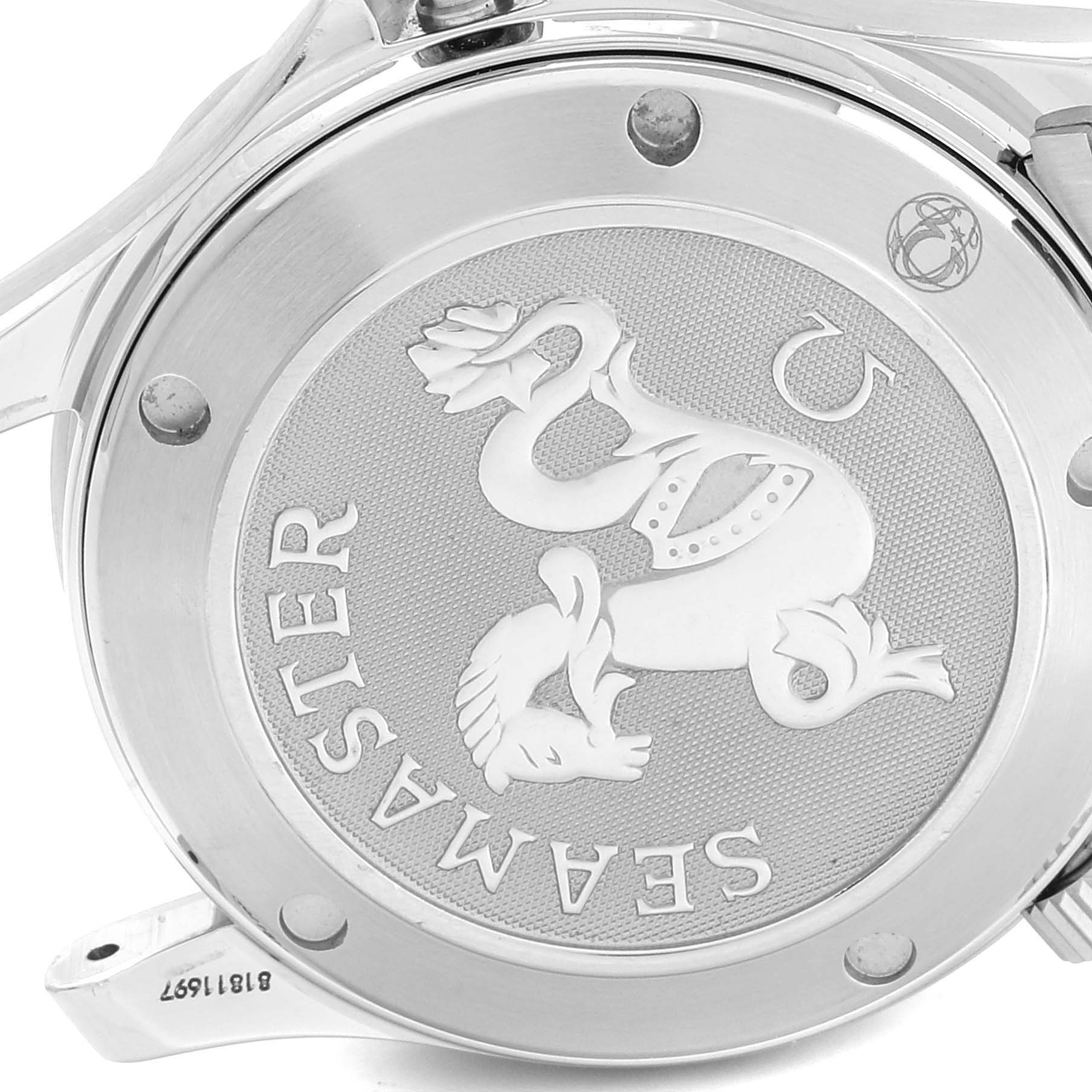 The image shows the back case of the Omega Seamaster 2222.80.00  Men
s Stainless Steel Blue Dial 2222.80.00  Men
s Stainless Steel Blue Dial watch, featuring the Seamaster logo and engravings.