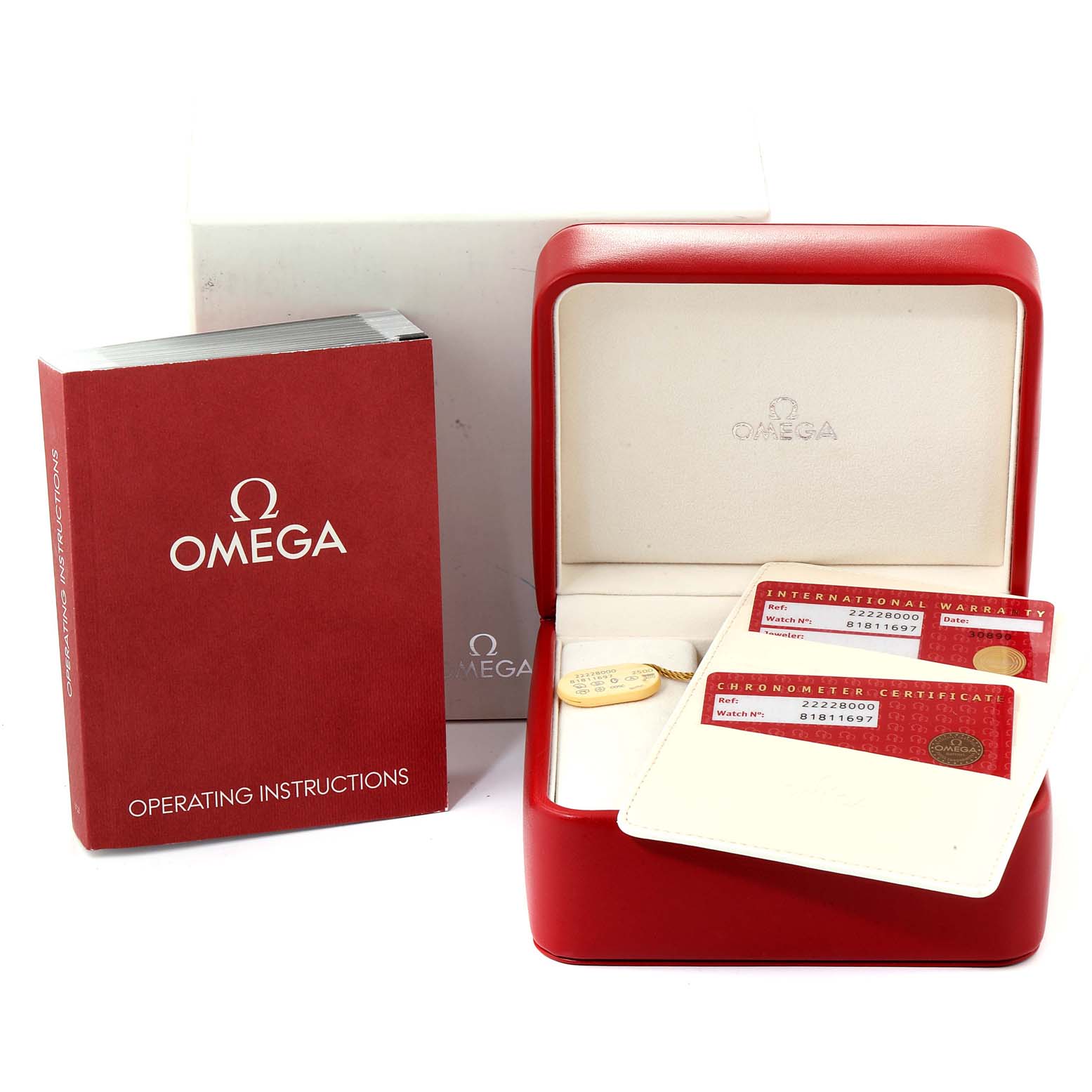 This image shows an Omega Seamaster 2222.80.00  Men
s Stainless Steel Blue Dial 2222.80.00  Men
s Stainless Steel Blue Dial watch box, warranty cards, and an operating instructions booklet.