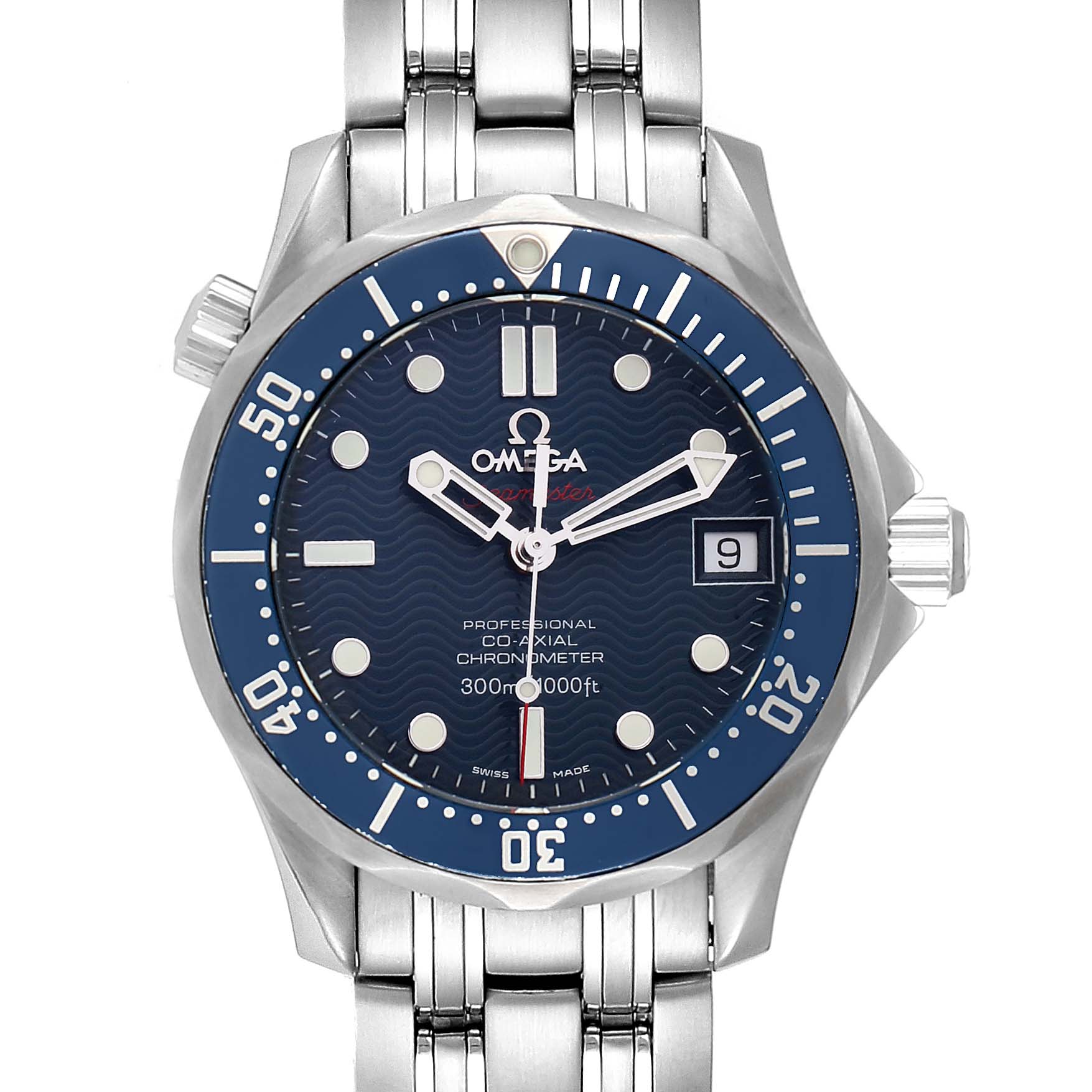 The image shows a front view of the Omega Seamaster 2222.80.00  Men
s Stainless Steel Blue Dial 2222.80.00  Men
s Stainless Steel Blue Dial watch, including the dial, bezel, and bracelet.