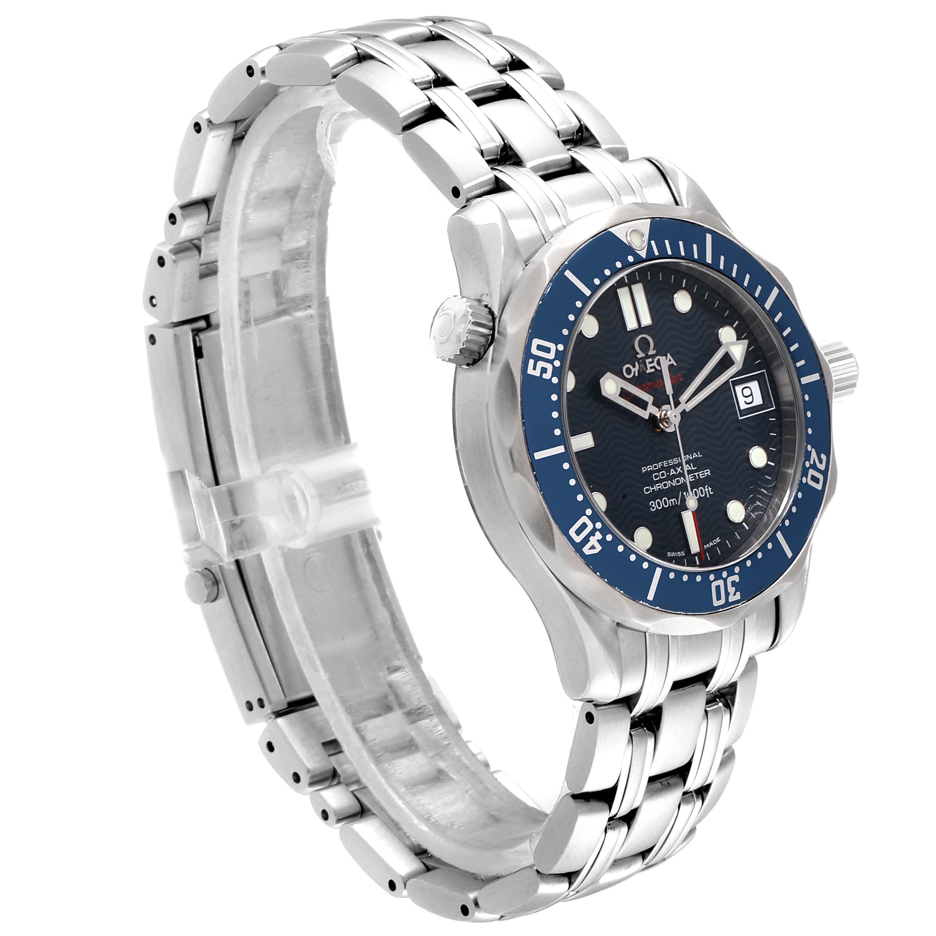 This Omega Seamaster 2222.80.00  Men
s Stainless Steel Blue Dial 2222.80.00  Men
s Stainless Steel Blue Dial watch is shown from a side angle, displaying its case, bezel, crown, dial, and bracelet.