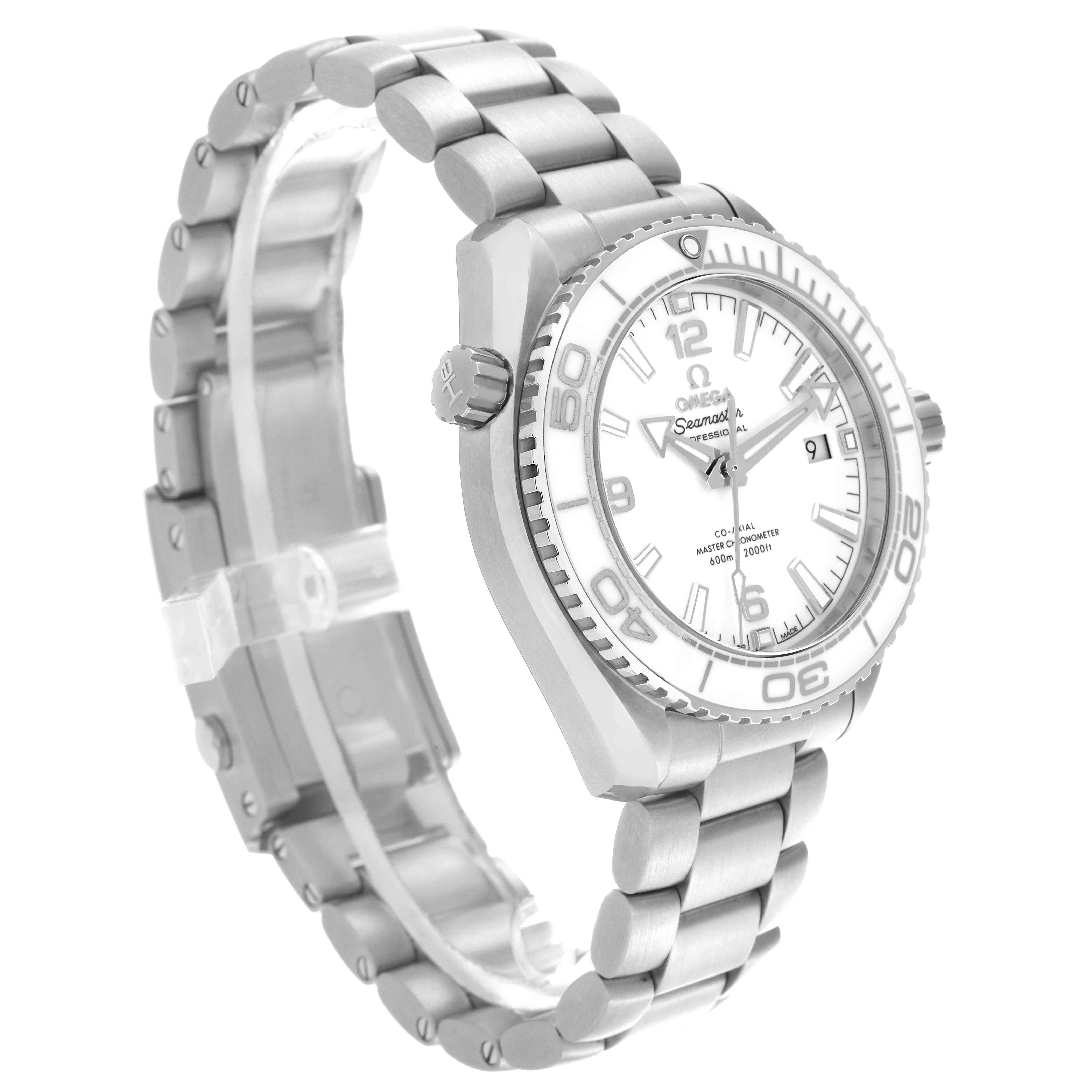 The Omega Planet Ocean 215.30.40.20.04.001 Men
s Stainless Steel White Dial 215.30.40.20.04.001 Men
s Stainless Steel White Dial watch is shown at a side angle, highlighting the bracelet, bezel, and dial.
