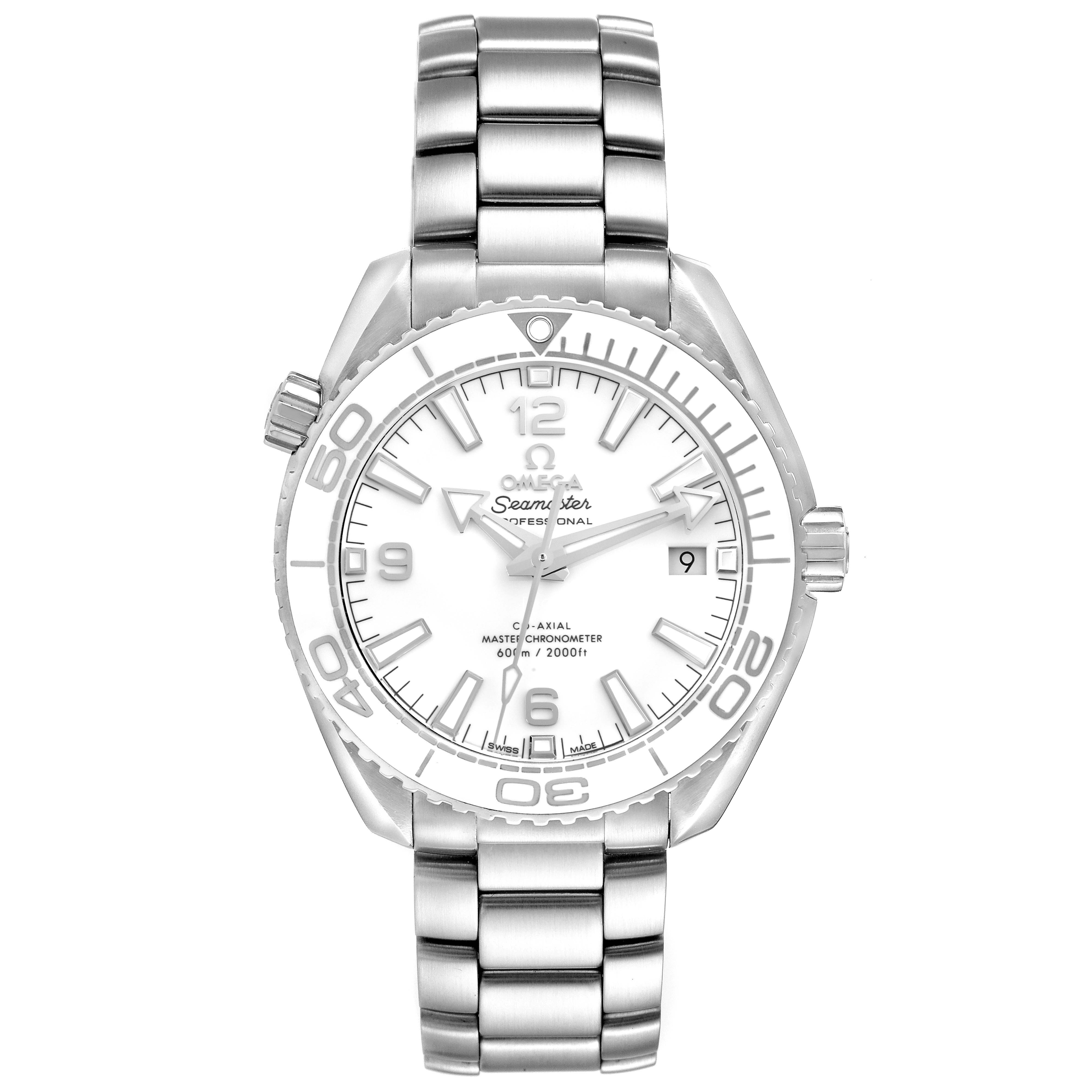 The Omega Planet Ocean 215.30.40.20.04.001 Men
s Stainless Steel White Dial 215.30.40.20.04.001 Men
s Stainless Steel White Dial watch is shown in a frontal view, displaying the dial, bracelet, bezel, crown, and date function.
