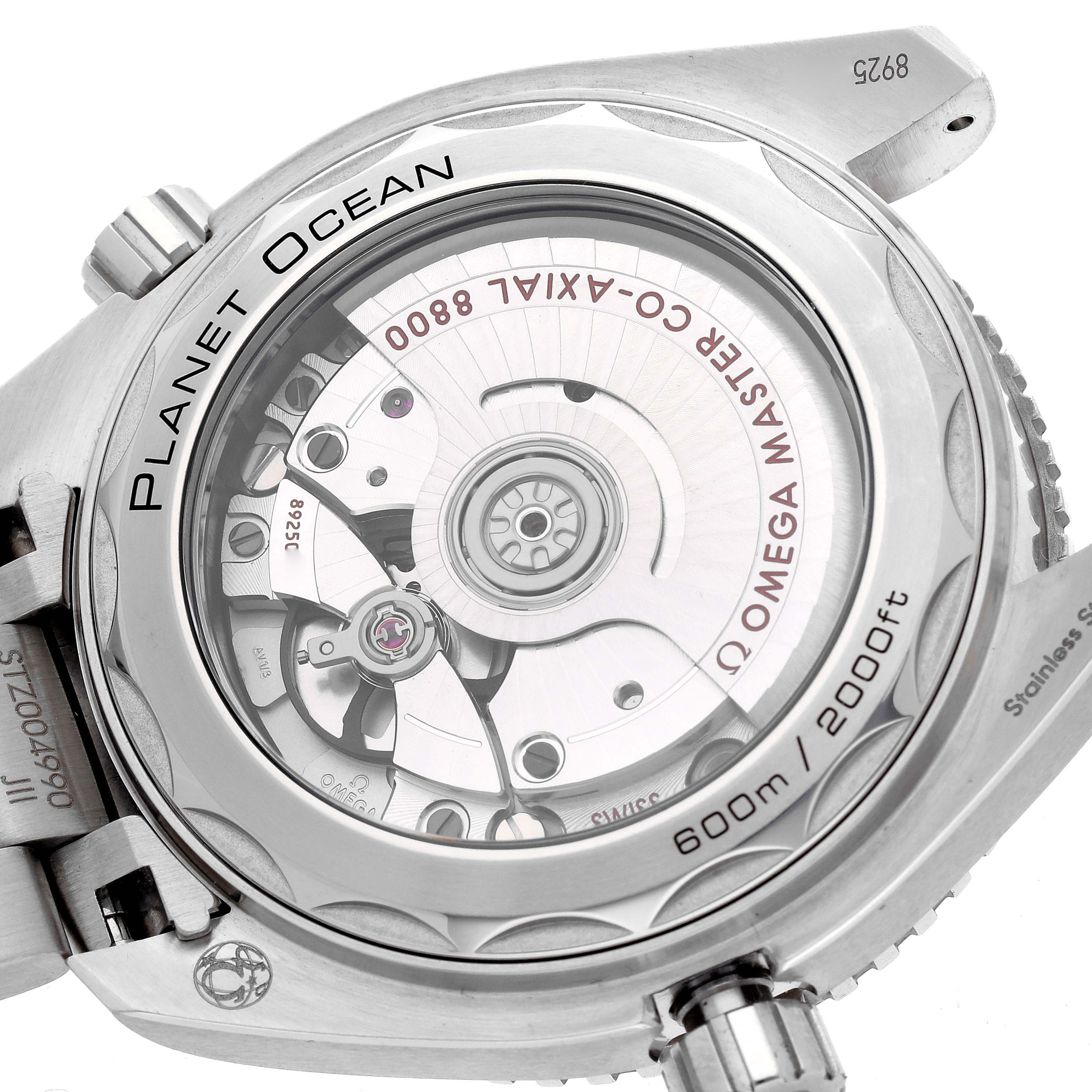 The image shows the case back of the Omega Planet Ocean 215.30.40.20.04.001 Men
s Stainless Steel White Dial 215.30.40.20.04.001 Men
s Stainless Steel White Dial, highlighting the watch
s movement and intricate mechanics.