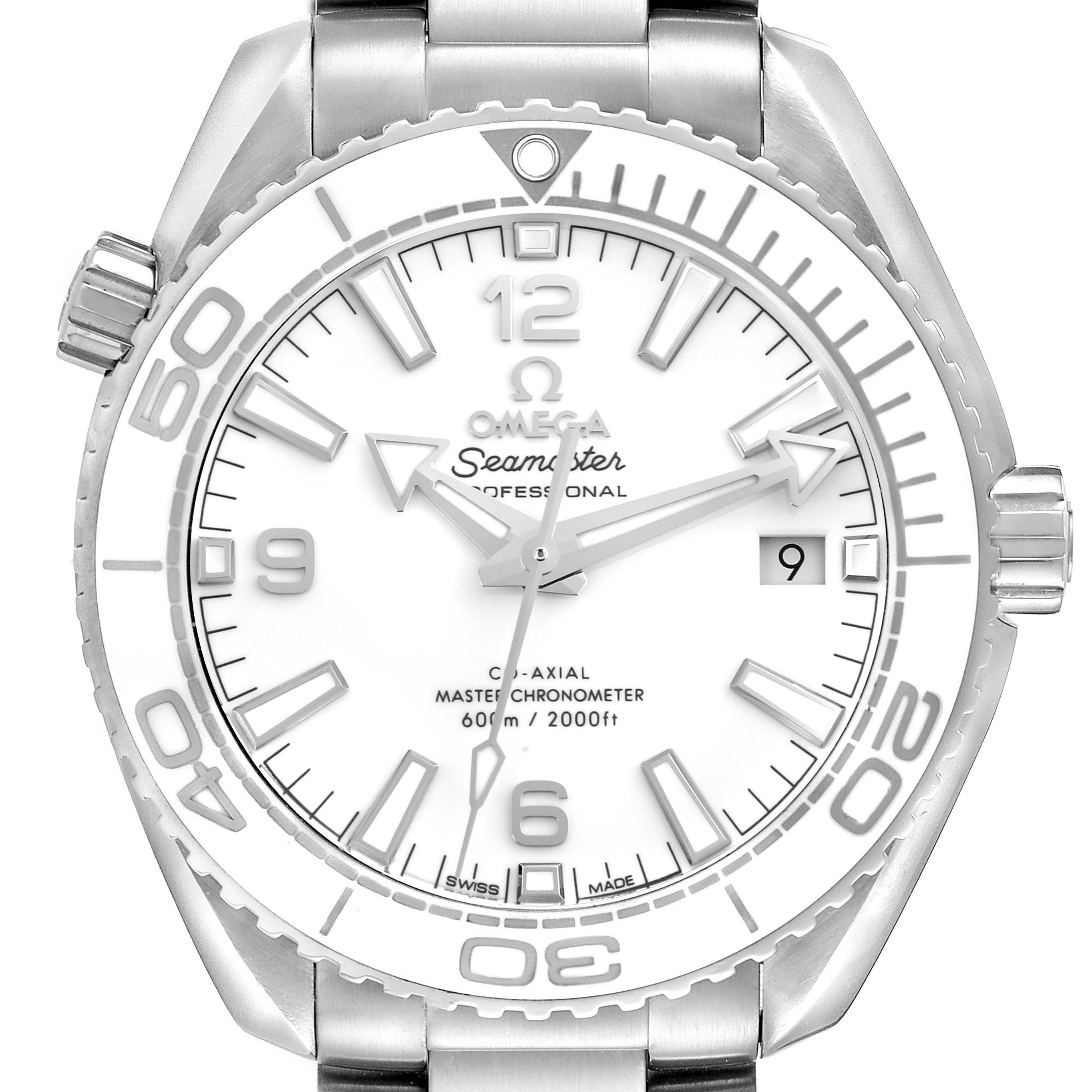 The Omega Planet Ocean 215.30.40.20.04.001 Men
s Stainless Steel White Dial 215.30.40.20.04.001 Men
s Stainless Steel White Dial watch is shown from the front, displaying the face, bezel, and partial bracelet.