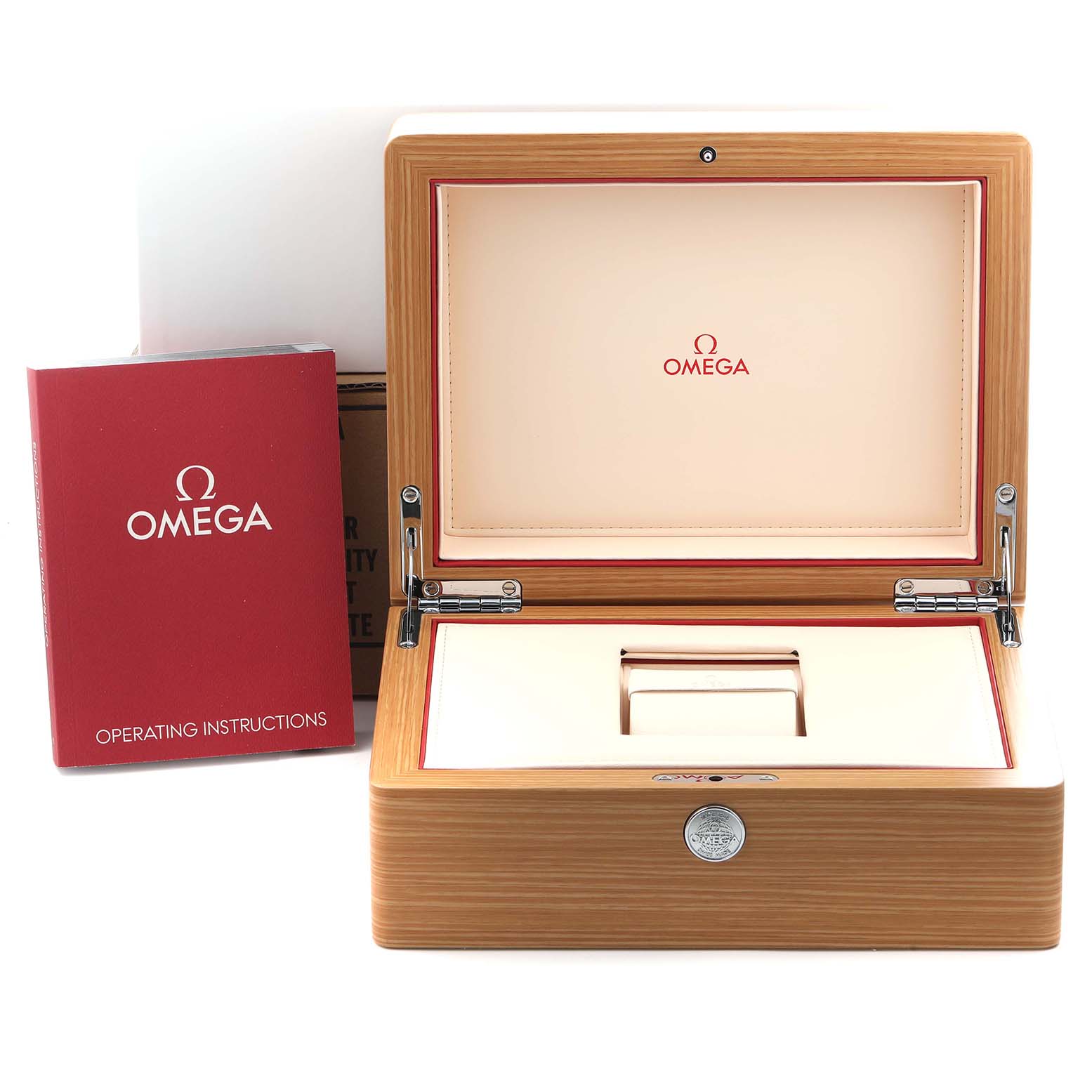 The image shows the Omega Planet Ocean 215.30.40.20.04.001 Men
s Stainless Steel White Dial 215.30.40.20.04.001 Men
s Stainless Steel White Dial watch box and operating instructions from a front angle.