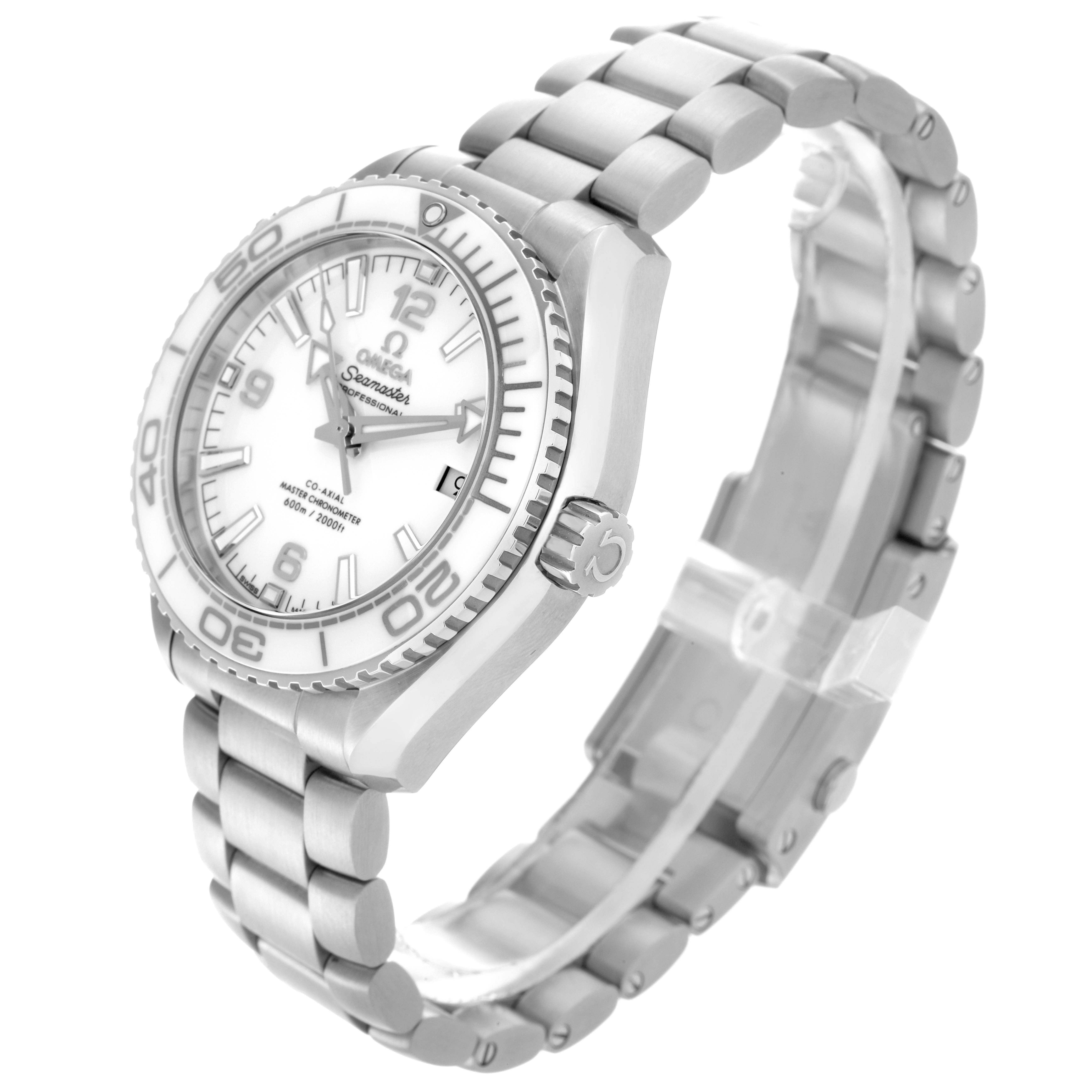 The Omega Planet Ocean 215.30.40.20.04.001 Men
s Stainless Steel White Dial 215.30.40.20.04.001 Men
s Stainless Steel White Dial watch is shown at a three-quarter angle, highlighting the dial, bezel, bracelet, and crown.
