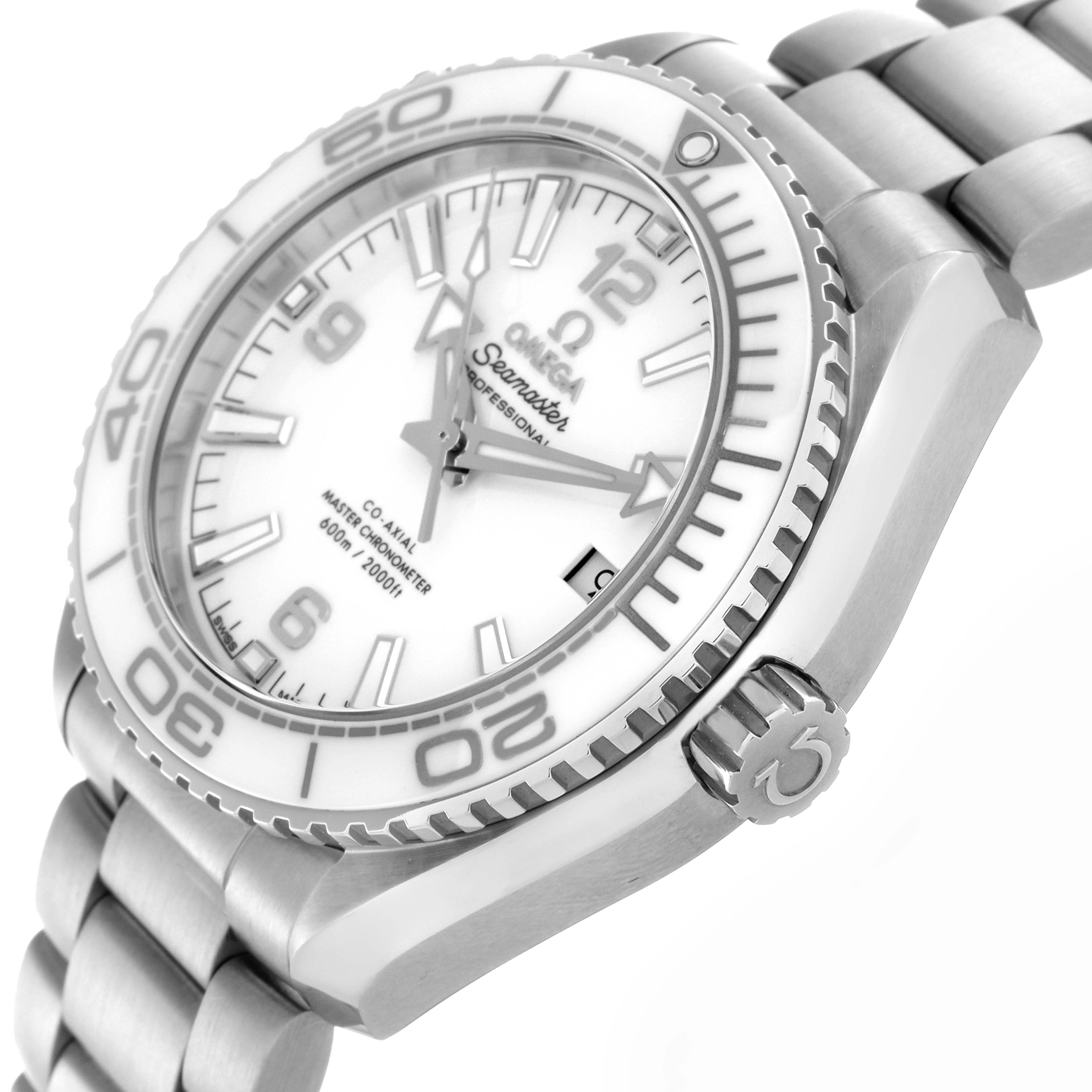 The Omega Planet Ocean 215.30.40.20.04.001 Men
s Stainless Steel White Dial 215.30.40.20.04.001 Men
s Stainless Steel White Dial watch is shown at an angled close-up, highlighting the dial, bezel, and crown.
