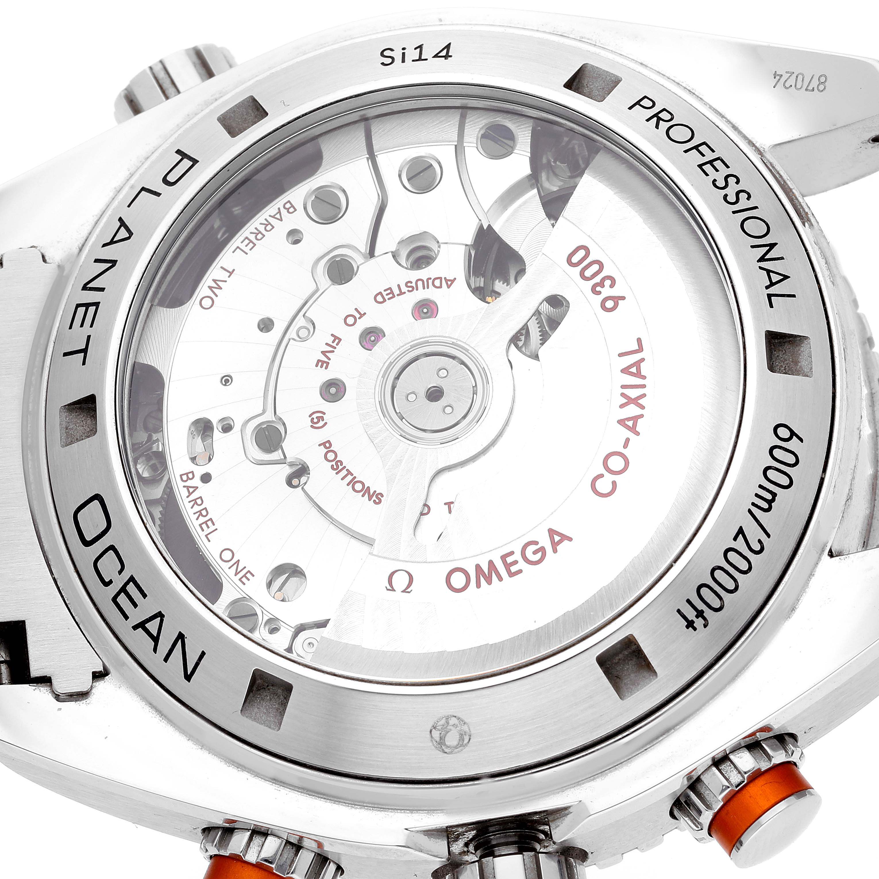 The image shows the back view of the Omega Planet Ocean 232.30.46.51.01.002 Men's Stainless Steel Black Dial 232.30.46.51.01.002 Men's Stainless Steel Black Dial watch, highlighting the movement and internal mechanisms.