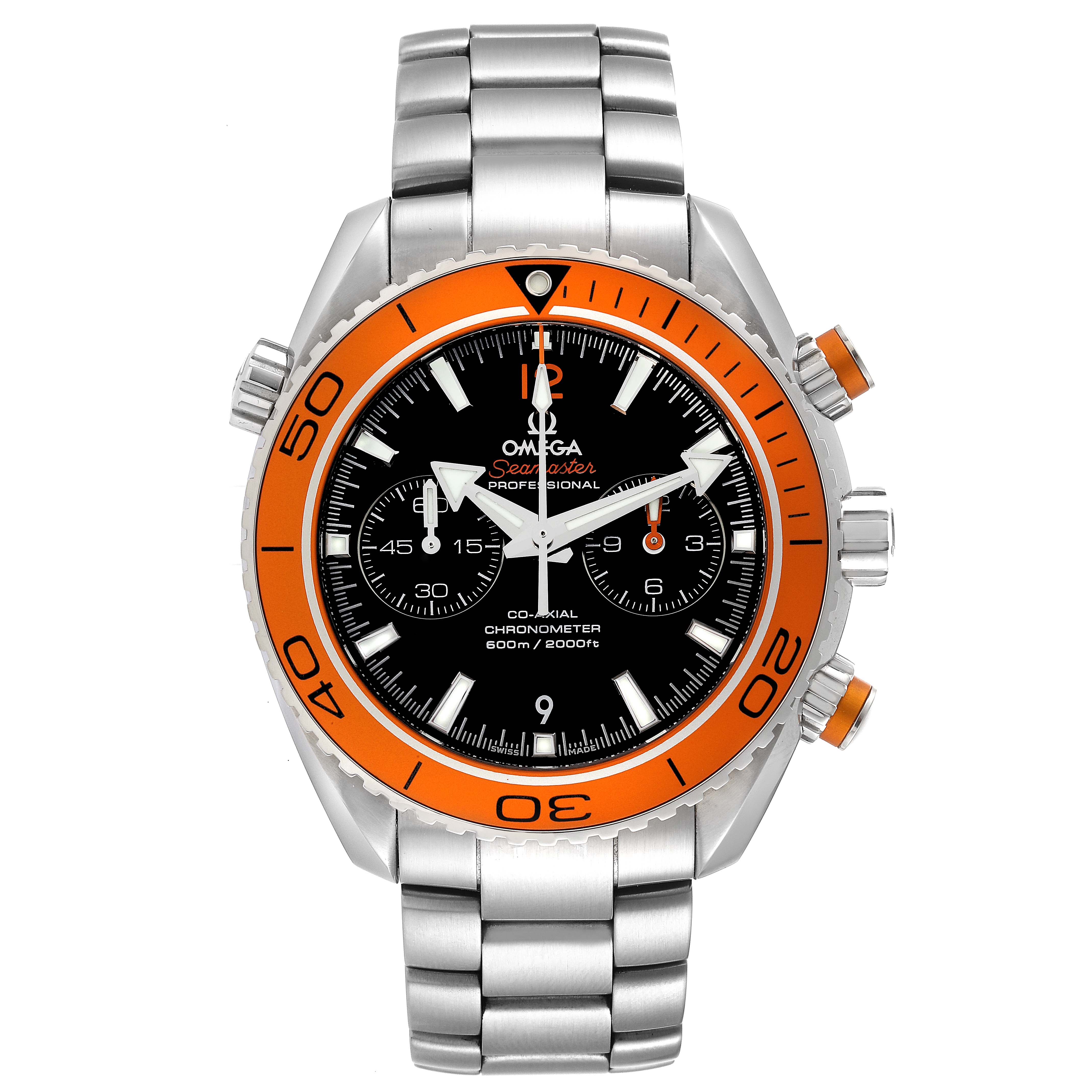 The image shows a front view of the Omega Planet Ocean 232.30.46.51.01.002 Men's Stainless Steel Black Dial 232.30.46.51.01.002 Men's Stainless Steel Black Dial watch, highlighting its face, bezel, and stainless steel bracelet.