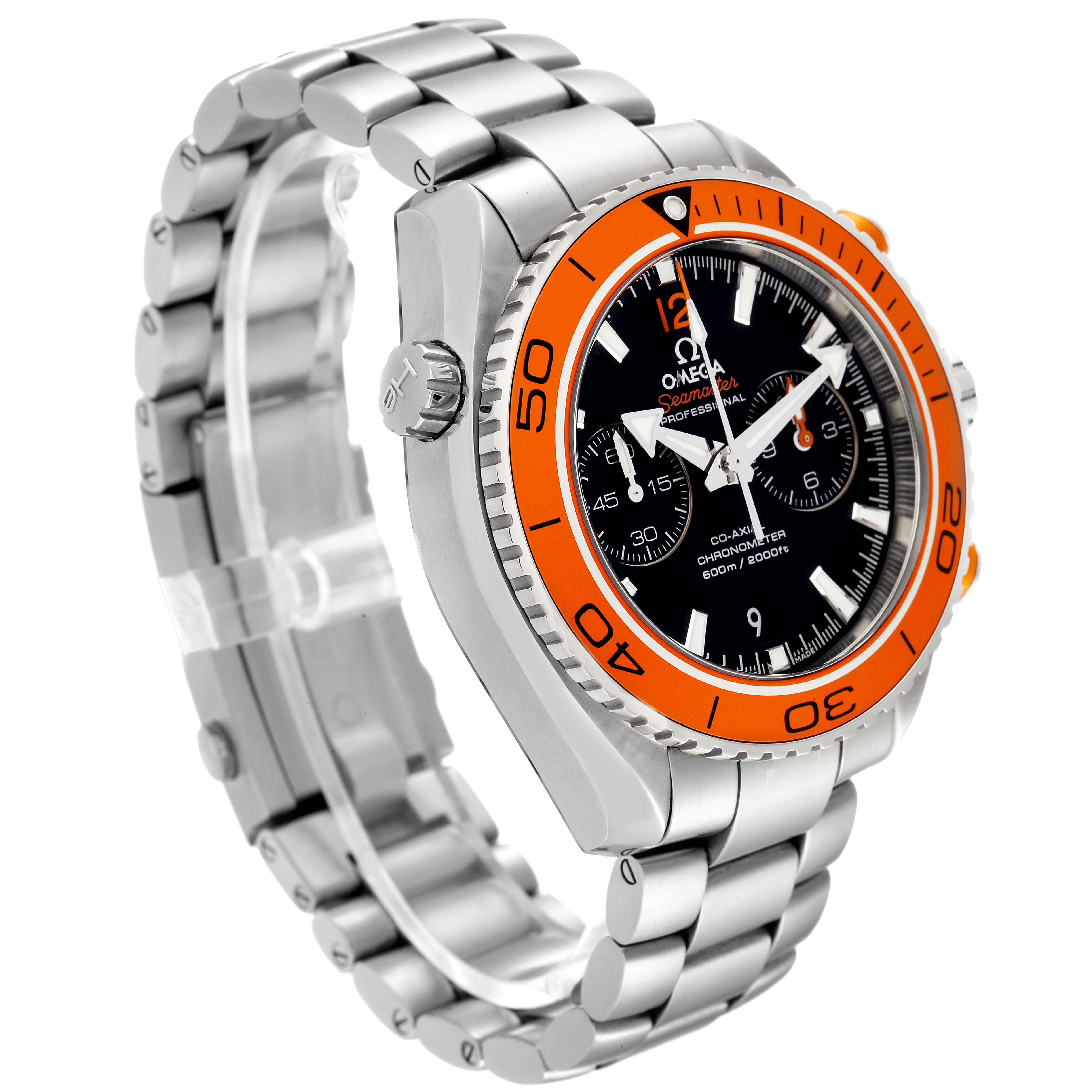 The Omega Planet Ocean 232.30.46.51.01.002 Men's Stainless Steel Black Dial 232.30.46.51.01.002 Men's Stainless Steel Black Dial watch is shown at a slight angle, highlighting its orange bezel, black dial, and stainless steel bracelet.