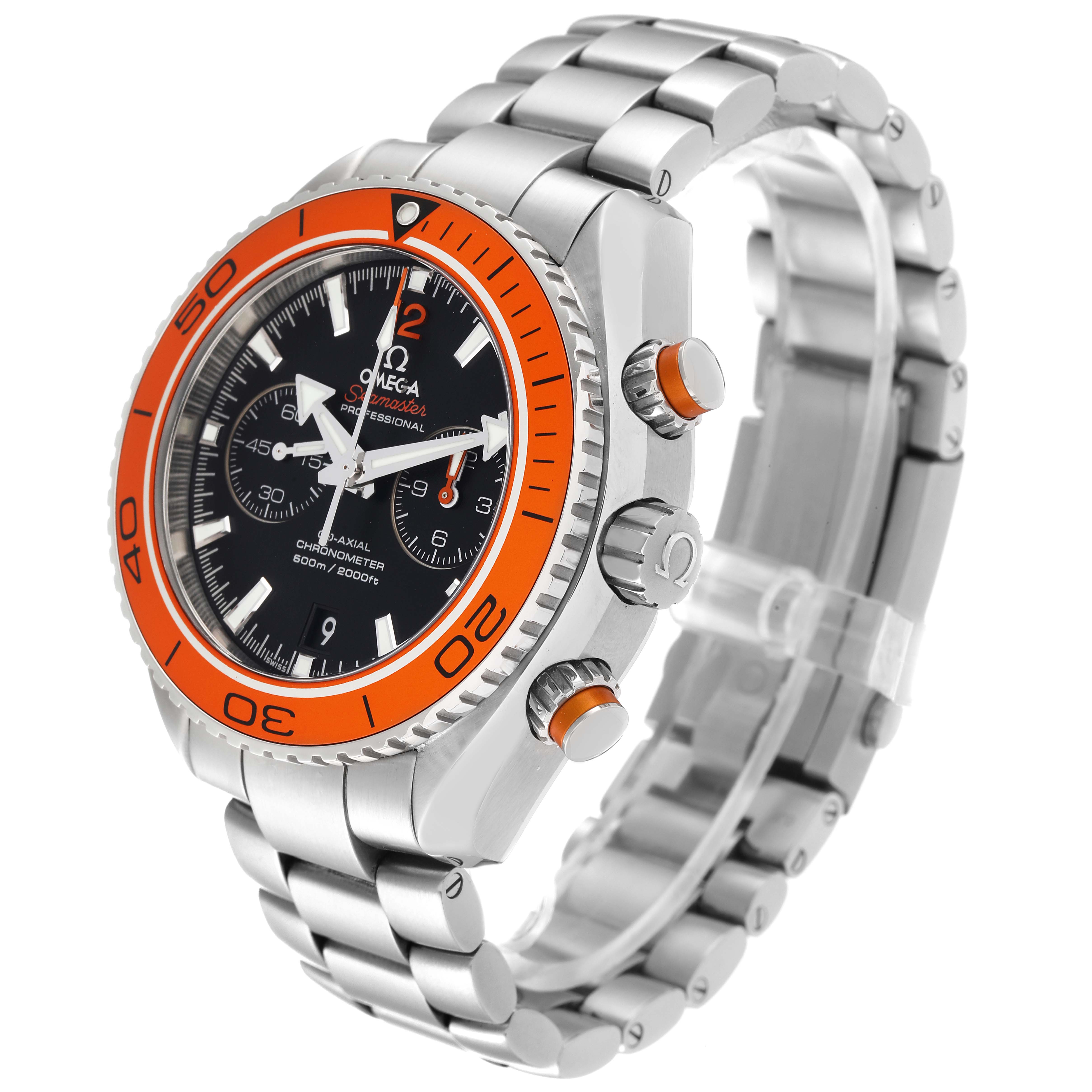 The image shows an Omega Planet Ocean 232.30.46.51.01.002 Men's Stainless Steel Black Dial 232.30.46.51.01.002 Men's Stainless Steel Black Dial watch, angled to reveal the face, bezel, and side pushers.