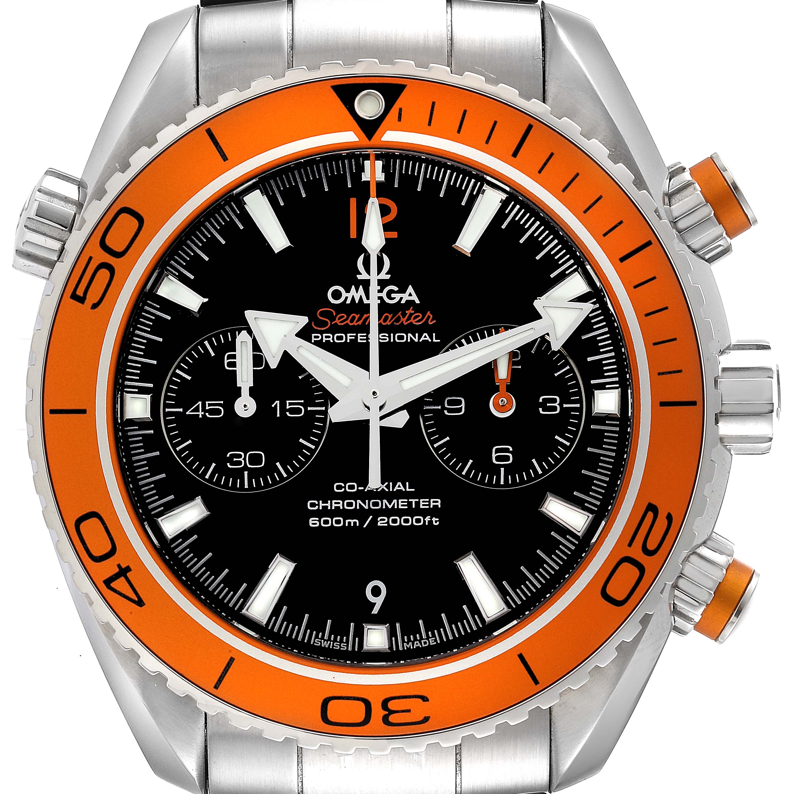 This is a frontal view of an Omega Seamaster Planet Ocean watch, showing the dial, crown, pushers, and orange bezel.