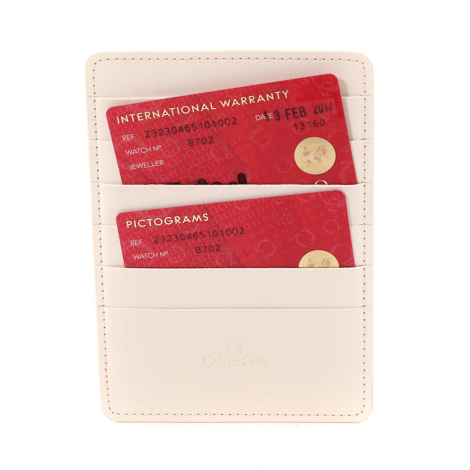 The image shows an International Warranty card and a Pictograms card for an Omega Planet Ocean 232.30.46.51.01.002 Men's Stainless Steel Black Dial 232.30.46.51.01.002 Men's Stainless Steel Black Dial watch, both in a white Omega card holder.