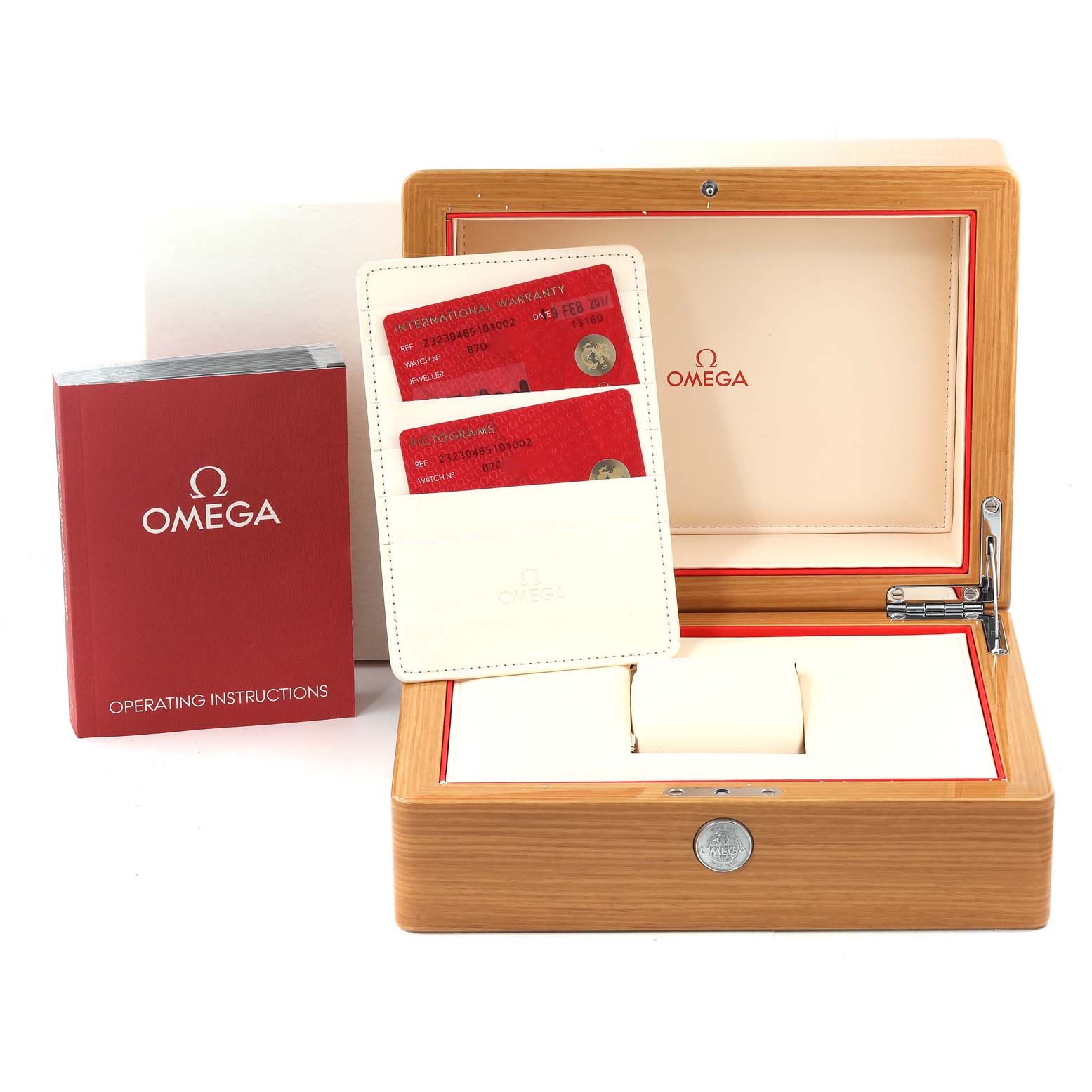 The image shows the packaging, operating instructions, and warranty cards for the Omega Planet Ocean 232.30.46.51.01.002 Men's Stainless Steel Black Dial 232.30.46.51.01.002 Men's Stainless Steel Black Dial watch, taken from a front angle.