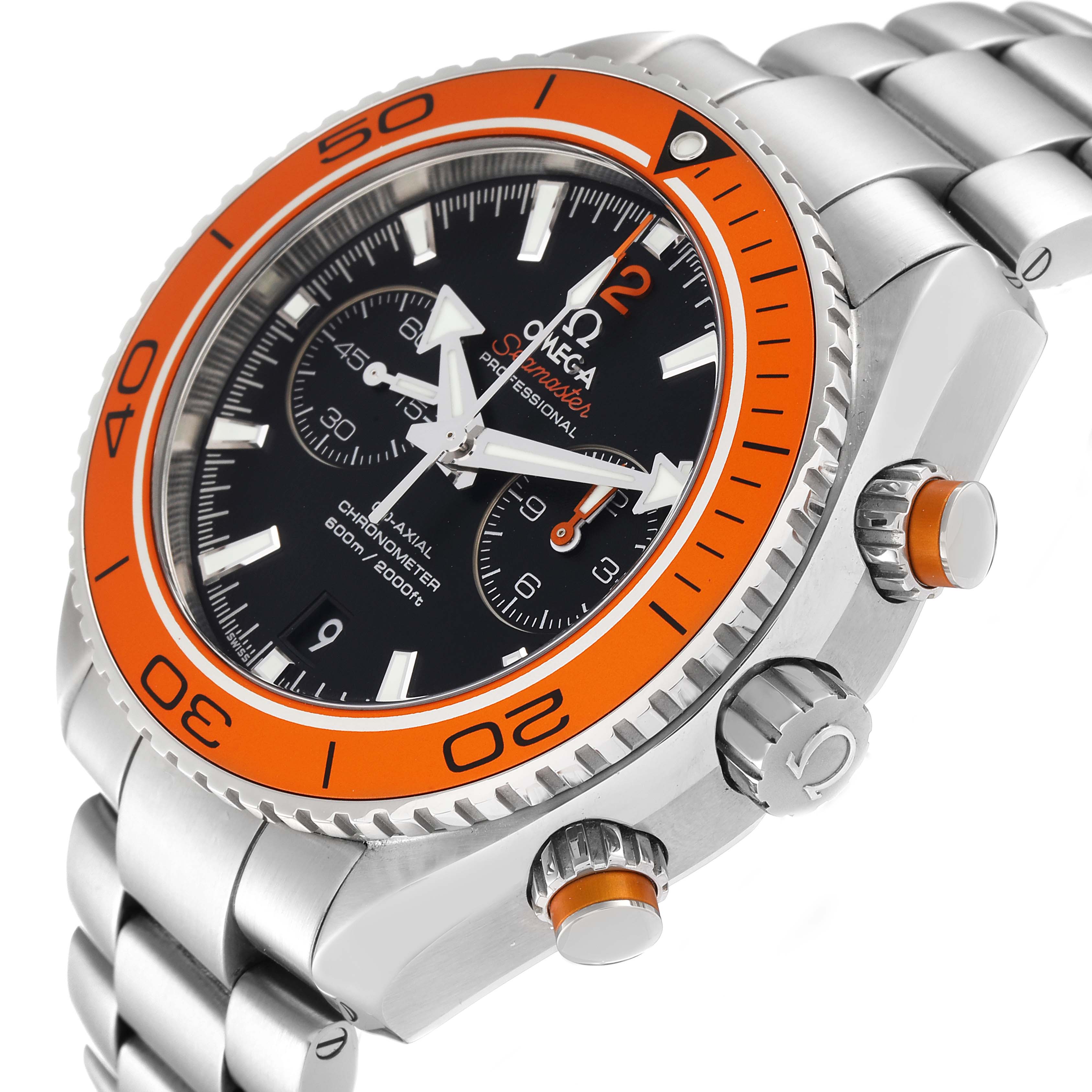 The image shows a close-up angled view of the Omega Planet Ocean 232.30.46.51.01.002 Men's Stainless Steel Black Dial 232.30.46.51.01.002 Men's Stainless Steel Black Dial watch, highlighting the bezel, dial, and crown.