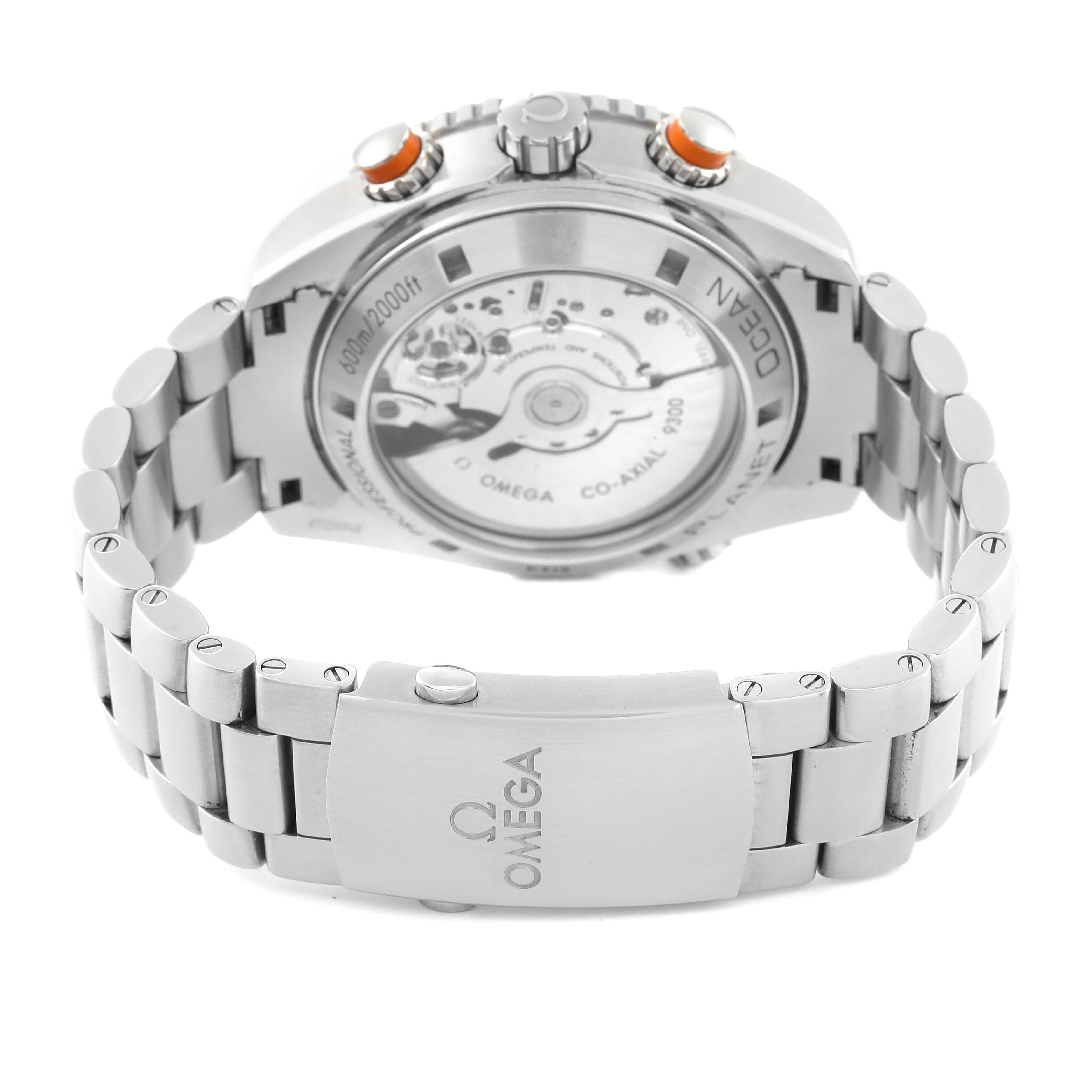 The image shows the back and clasp of the Omega Planet Ocean 232.30.46.51.01.002 Men's Stainless Steel Black Dial 232.30.46.51.01.002 Men's Stainless Steel Black Dial watch, highlighting the transparent case back and bracelet.