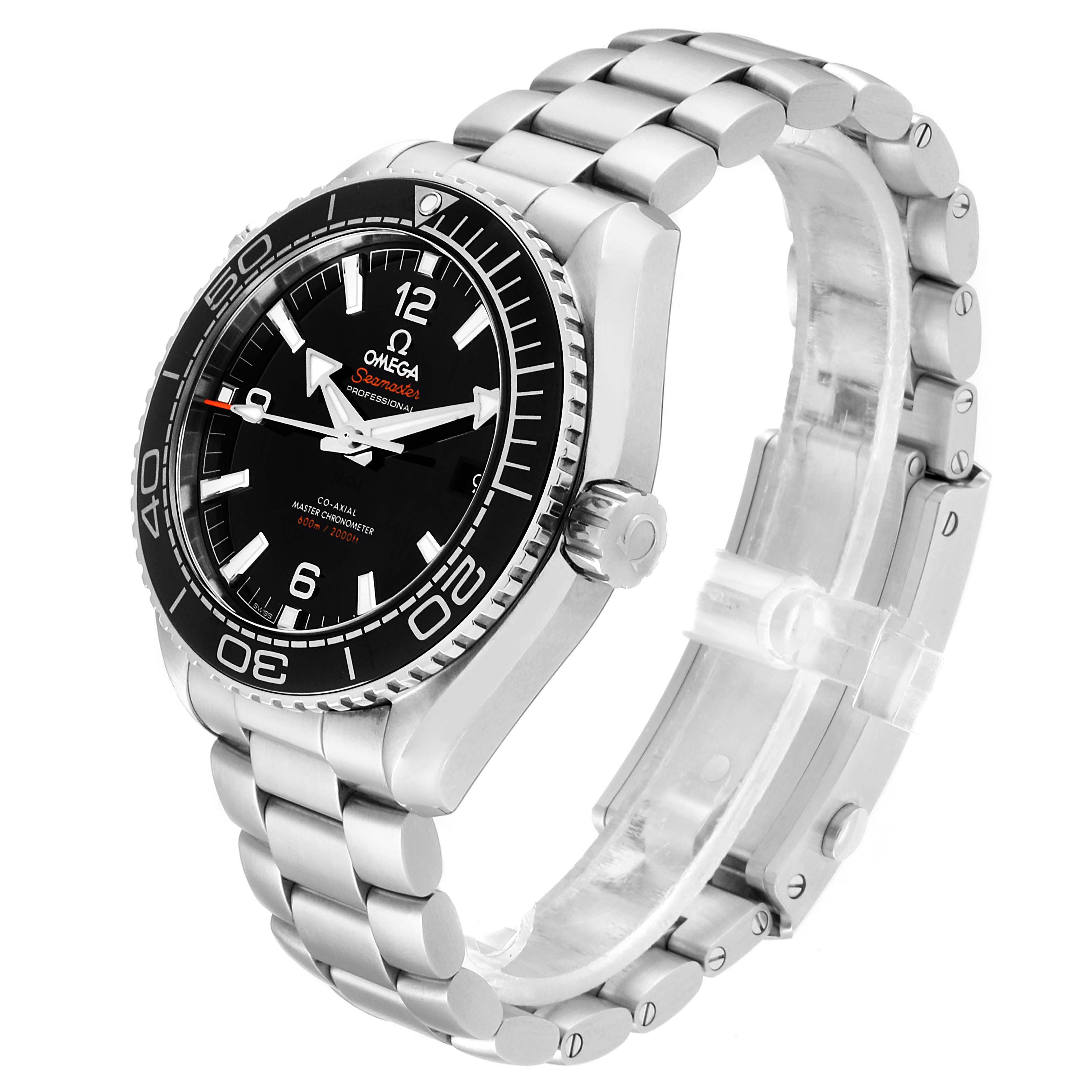 The image shows a side angle of the Omega Planet Ocean 215.30.44.21.01.001 Men
s Stainless Steel Black Dial 215.30.44.21.01.001 Men
s Stainless Steel Black Dial watch highlighting the case, bezel, dial, and bracelet.