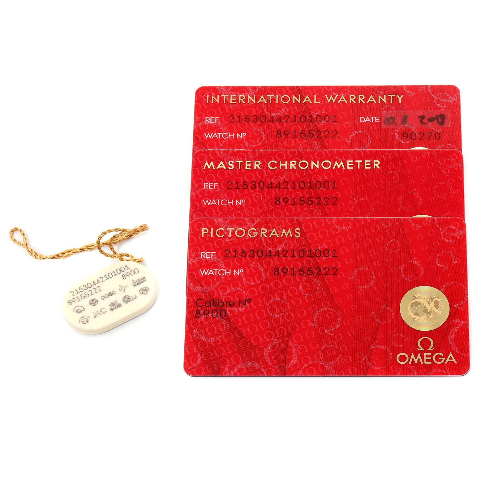 This image shows the Omega Planet Ocean 215.30.44.21.01.001 Men
s Stainless Steel Black Dial 215.30.44.21.01.001 Men
s Stainless Steel Black Dial model
s International Warranty, Master Chronometer, and Pictogram cards, along with a hang tag.