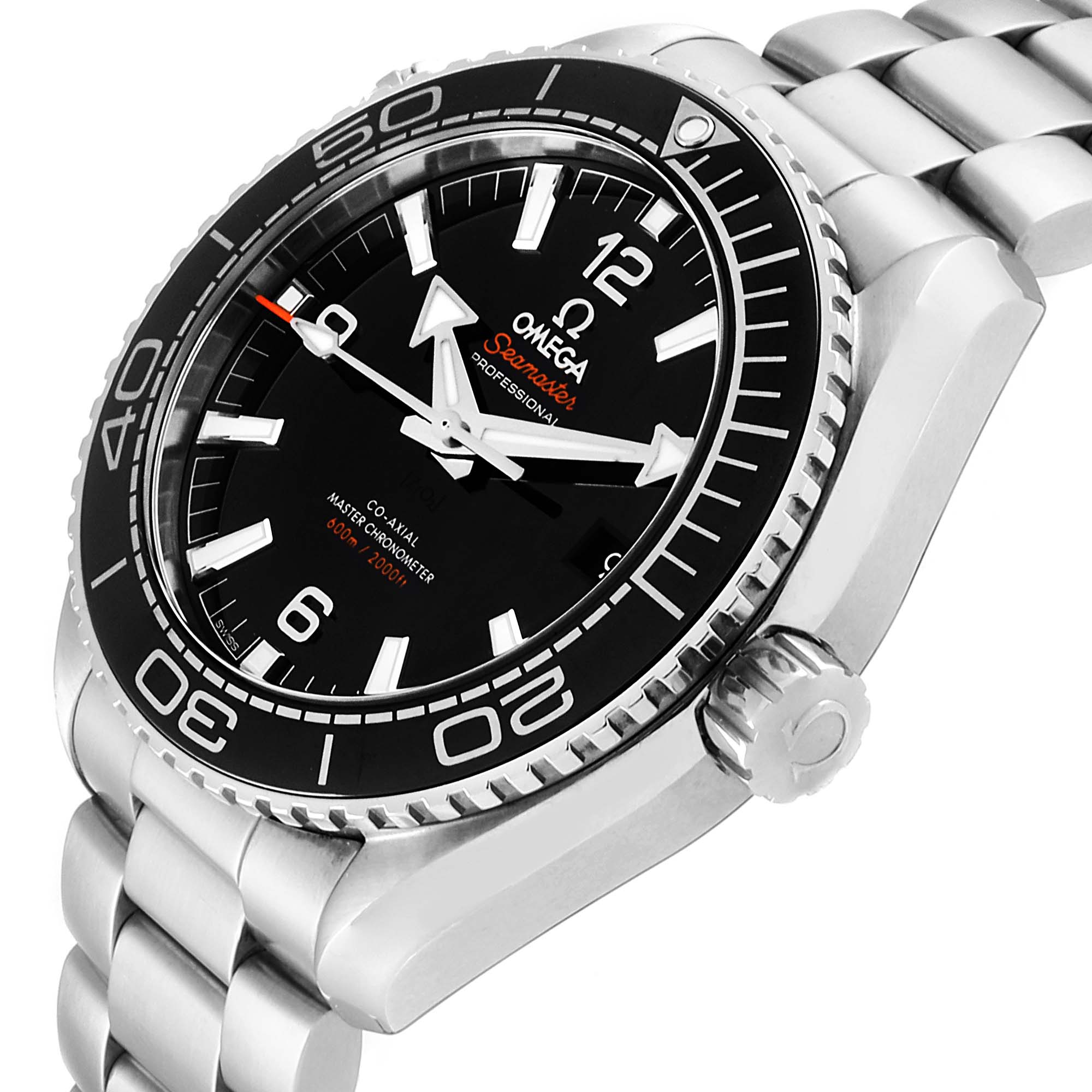 The Omega Planet Ocean 215.30.44.21.01.001 Men
s Stainless Steel Black Dial 215.30.44.21.01.001 Men
s Stainless Steel Black Dial watch is shown from a three-quarter angle, highlighting the face, bezel, case, and stainless steel bracelet.