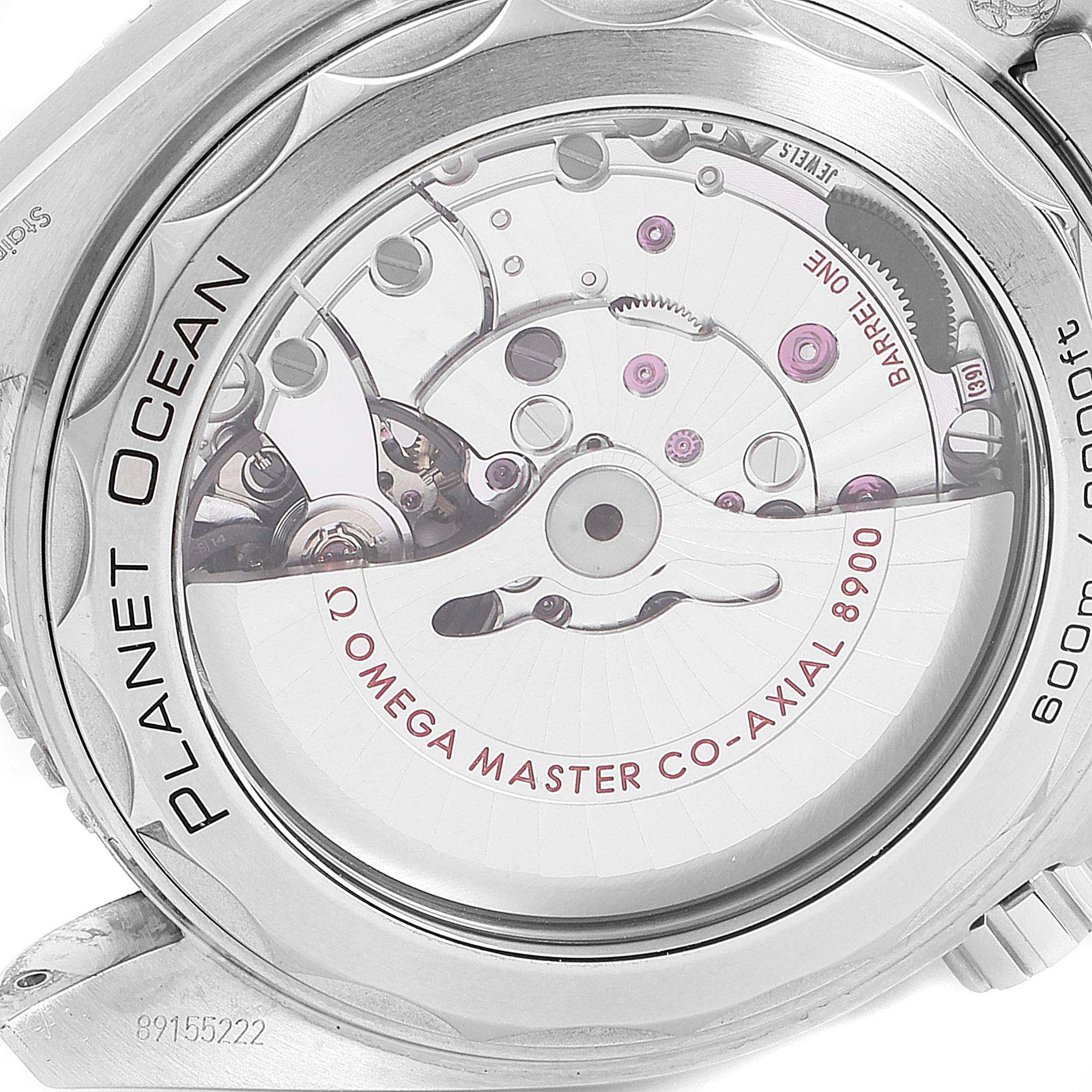 This image shows the back view of the Omega Planet Ocean 215.30.44.21.01.001 Men
s Stainless Steel Black Dial 215.30.44.21.01.001 Men
s Stainless Steel Black Dial watch, highlighting its Omega Master Co-Axial 8900 movement.