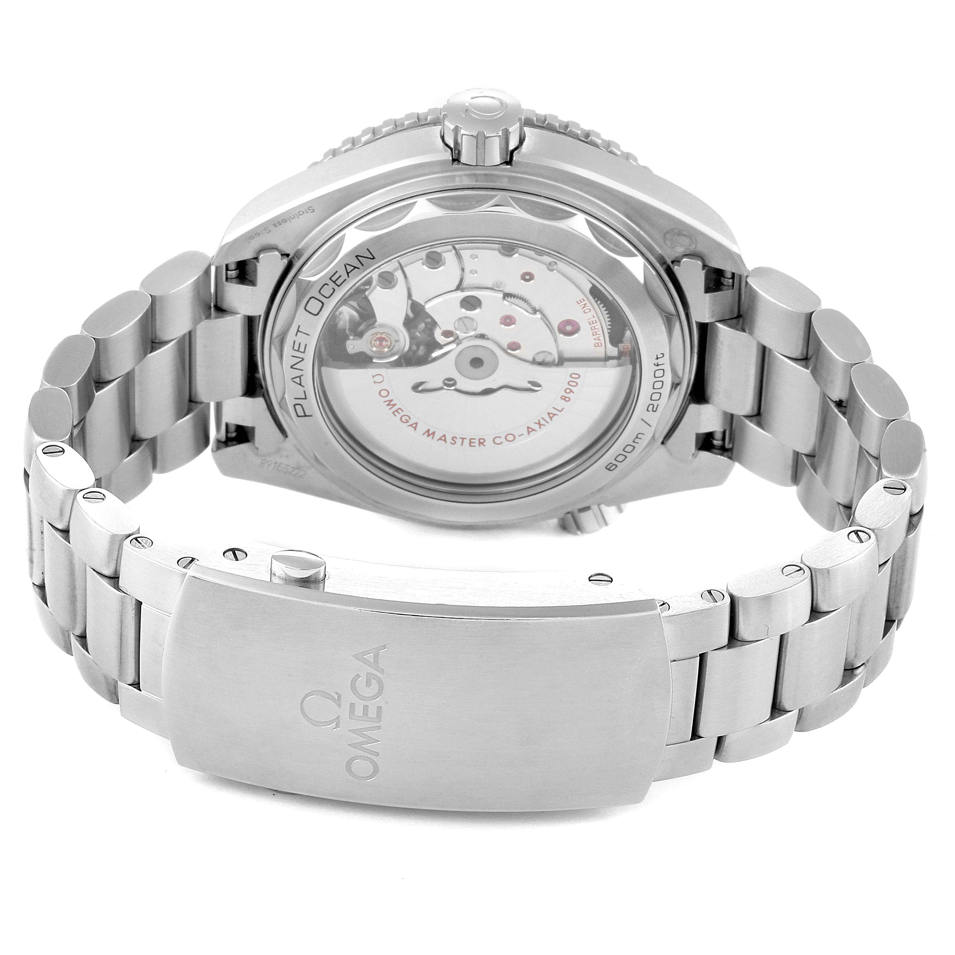 The Omega Planet Ocean 215.30.44.21.01.001 Men
s Stainless Steel Black Dial 215.30.44.21.01.001 Men
s Stainless Steel Black Dial watch is shown from the back, featuring its case back and bracelet.