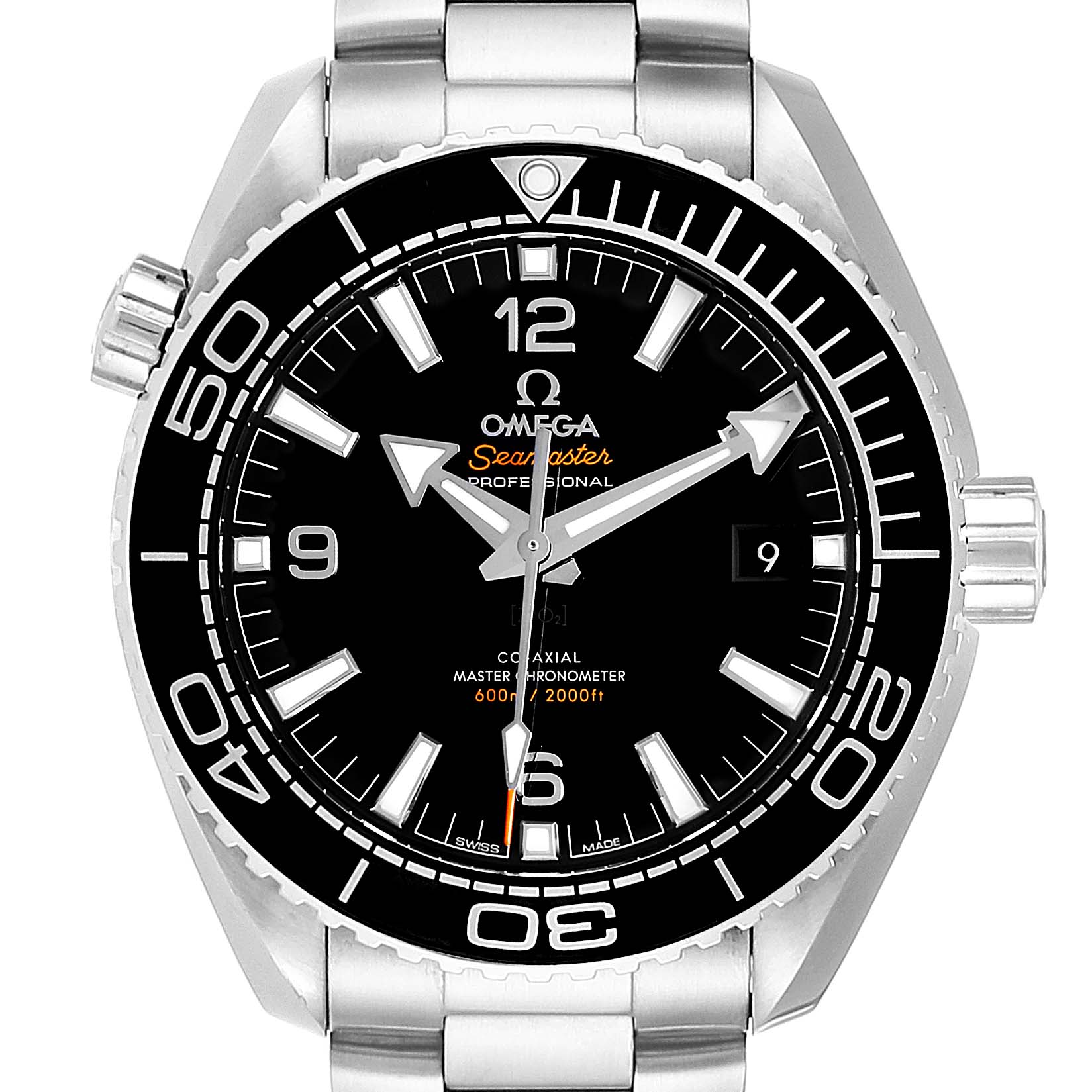 The Omega Planet Ocean 215.30.44.21.01.001 Men
s Stainless Steel Black Dial 215.30.44.21.01.001 Men
s Stainless Steel Black Dial watch is shown from a front angle, displaying its face, bezel, and part of the bracelet.