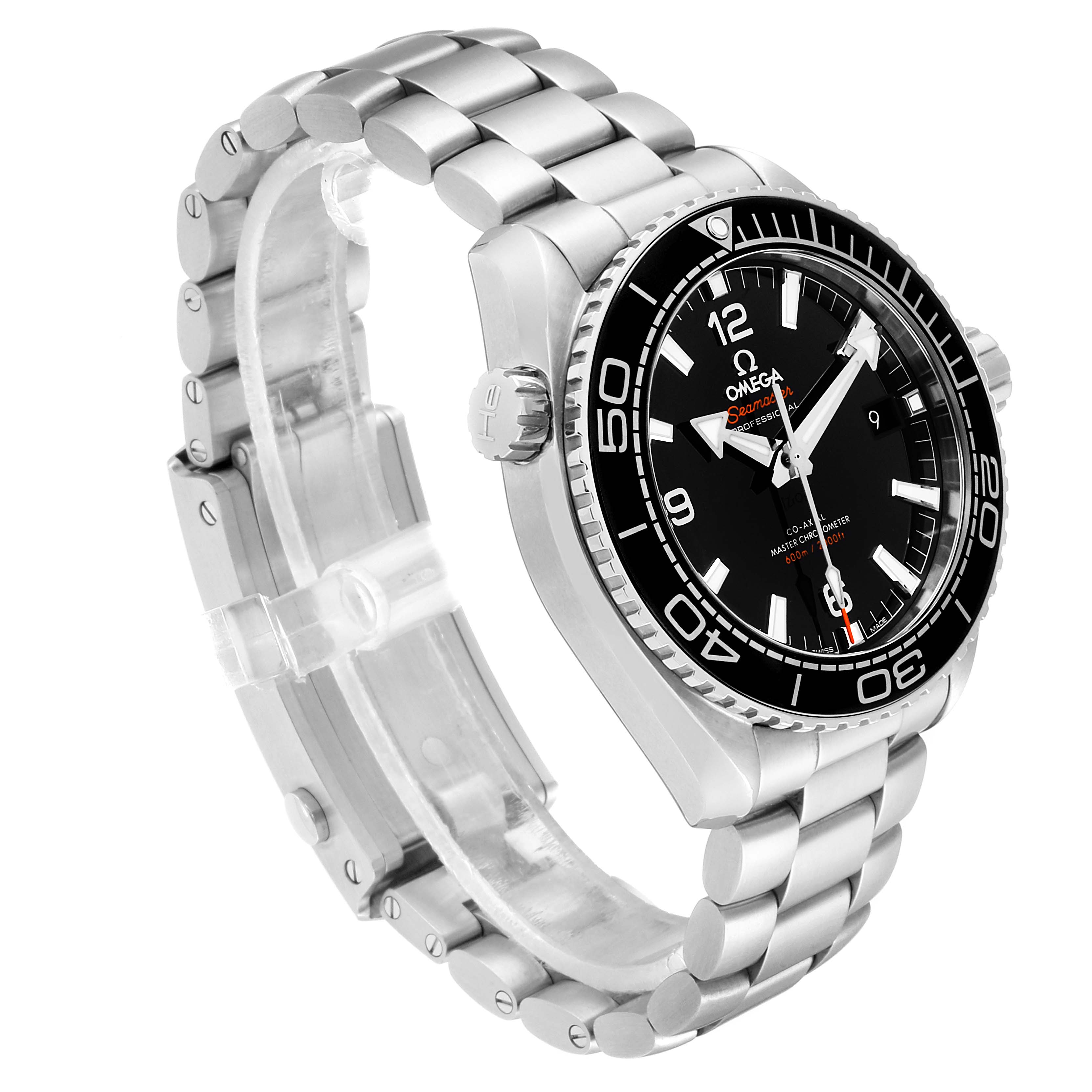 The image shows an angled side view of the Omega Planet Ocean 215.30.44.21.01.001 Men
s Stainless Steel Black Dial 215.30.44.21.01.001 Men
s Stainless Steel Black Dial watch, highlighting the face, bezel, crown, and stainless steel bracelet.