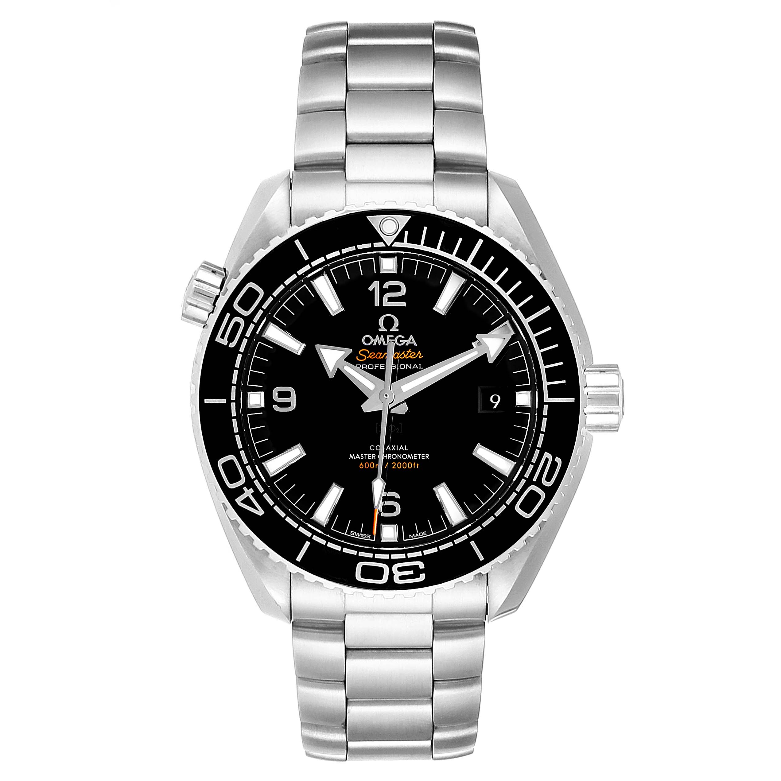 The image shows a front view of an Omega Planet Ocean 215.30.44.21.01.001 Men
s Stainless Steel Black Dial 215.30.44.21.01.001 Men
s Stainless Steel Black Dial watch, displaying the dial, bezel, and stainless steel bracelet.