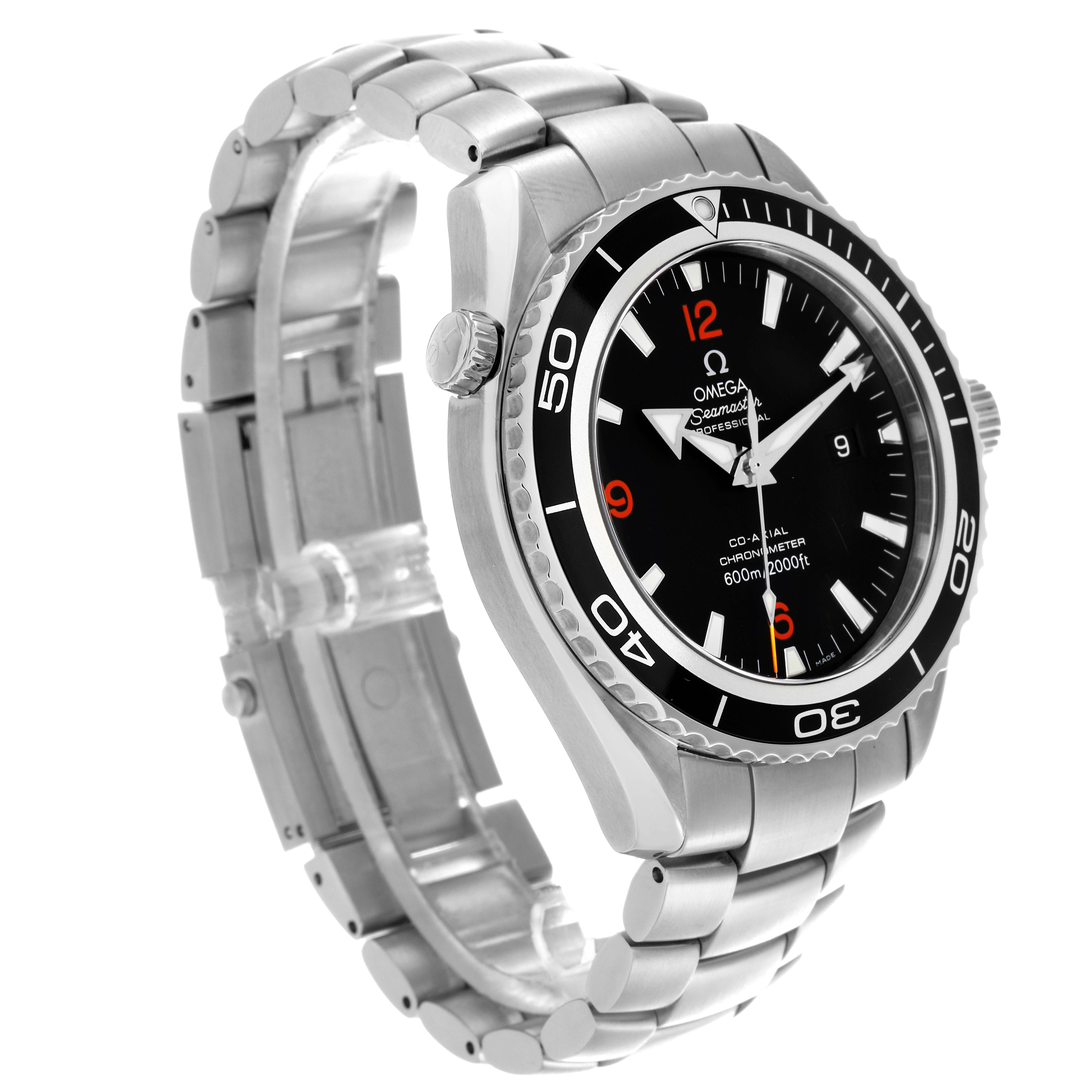 The Omega Planet Ocean 2200.51.00 Men
s Stainless Steel Black Dial 2200.51.00 Men
s Stainless Steel Black Dial watch is shown at a slight side angle, featuring the face, bezel, crown, and bracelet.