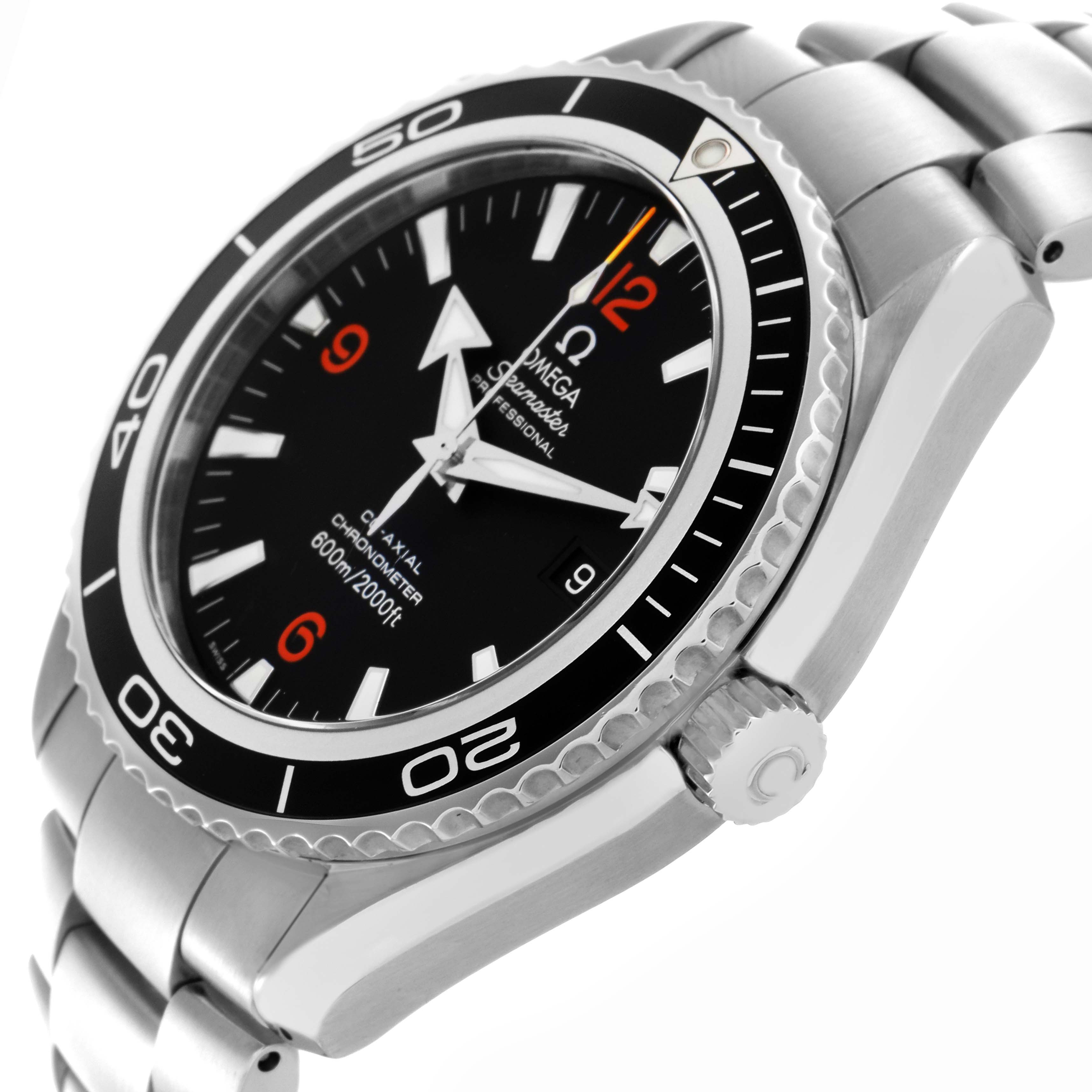 The Omega Planet Ocean 2200.51.00 Men
s Stainless Steel Black Dial 2200.51.00 Men
s Stainless Steel Black Dial watch is shown at an angled side view, highlighting the bezel, dial, crown, and bracelet.