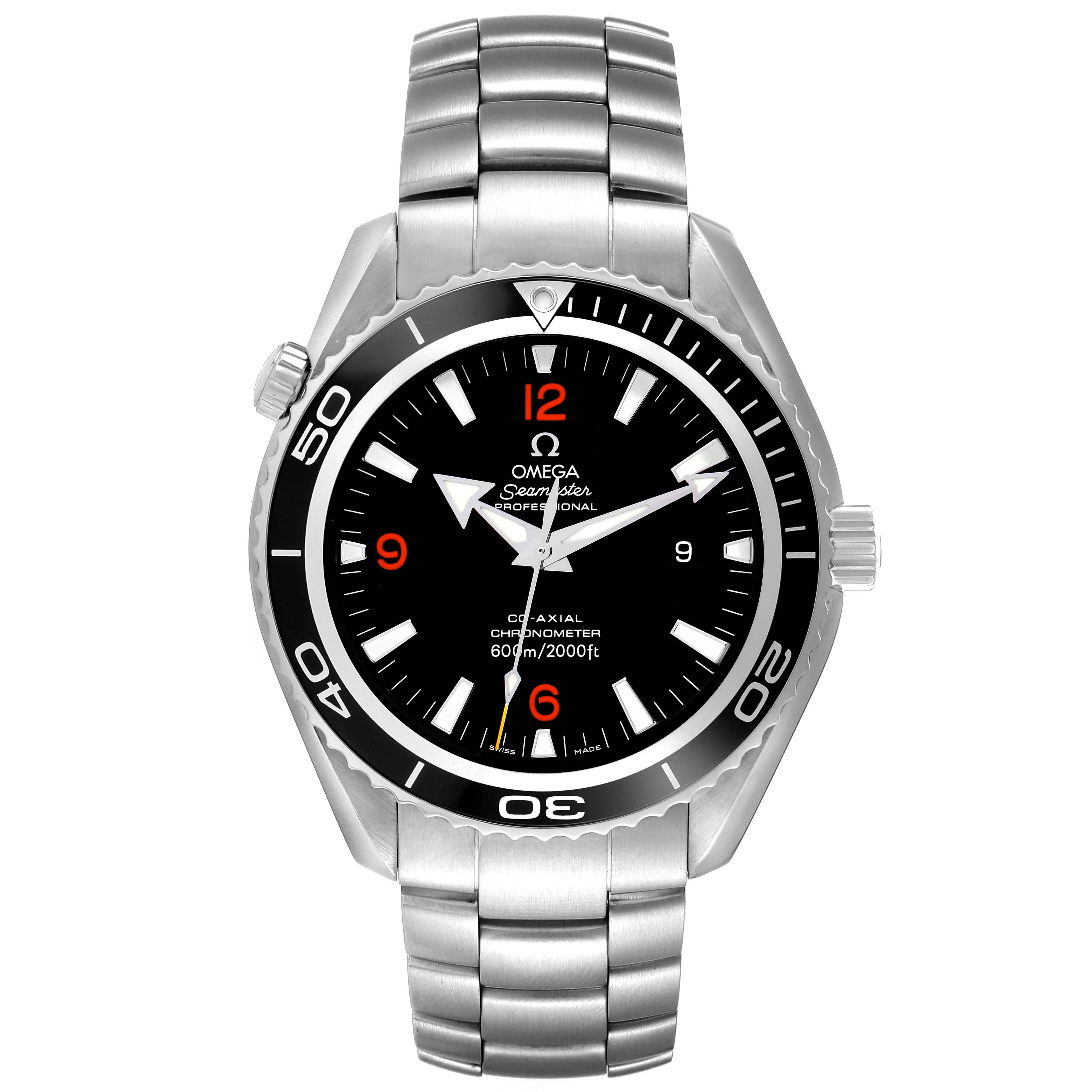The Omega Planet Ocean 2200.51.00 Men
s Stainless Steel Black Dial 2200.51.00 Men
s Stainless Steel Black Dial watch is shown from a front angle, featuring the dial, bezel, crown, and metal strap.