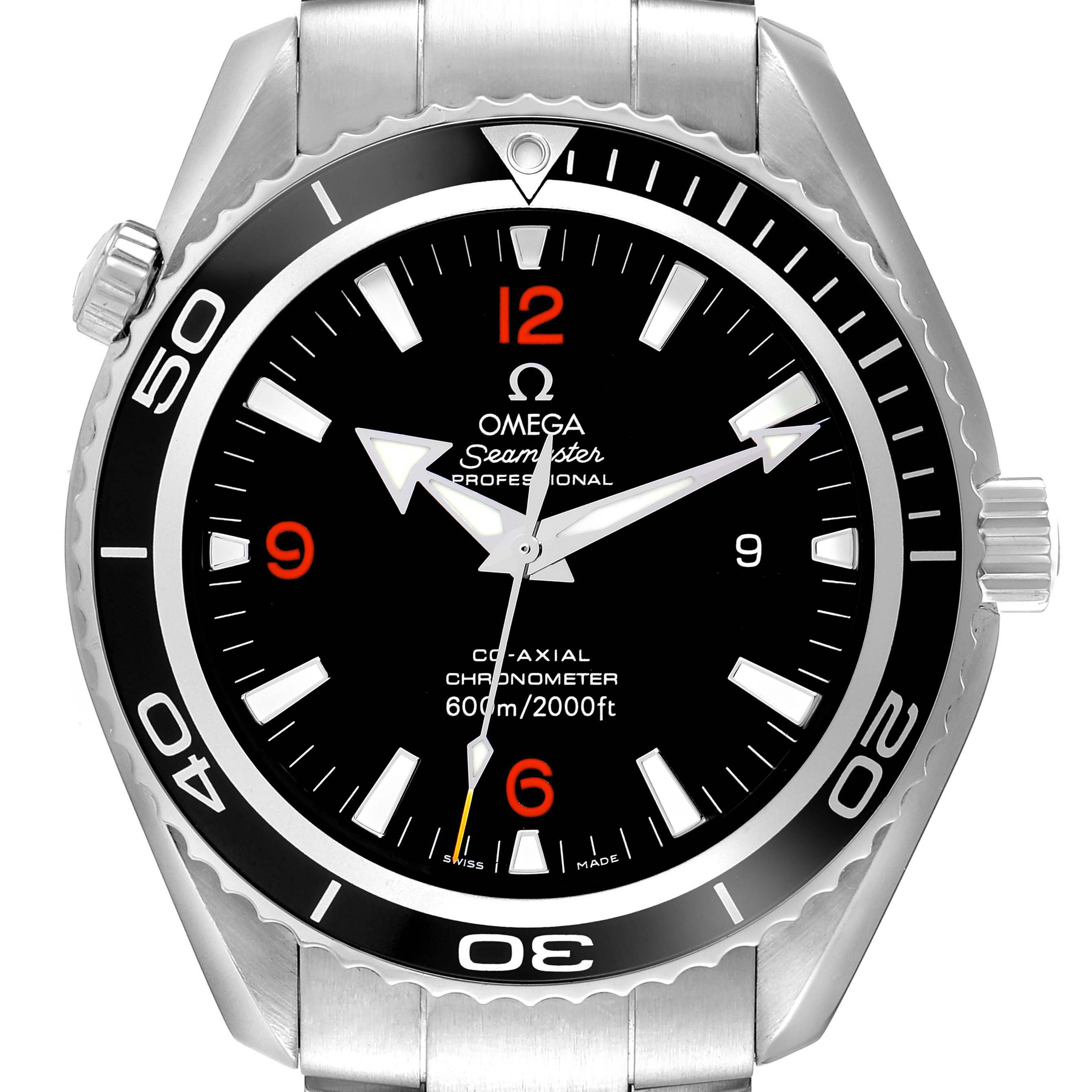 The Omega Planet Ocean 2200.51.00 Men
s Stainless Steel Black Dial 2200.51.00 Men
s Stainless Steel Black Dial watch is shown from a frontal angle, highlighting its dial, bezel, and crown.